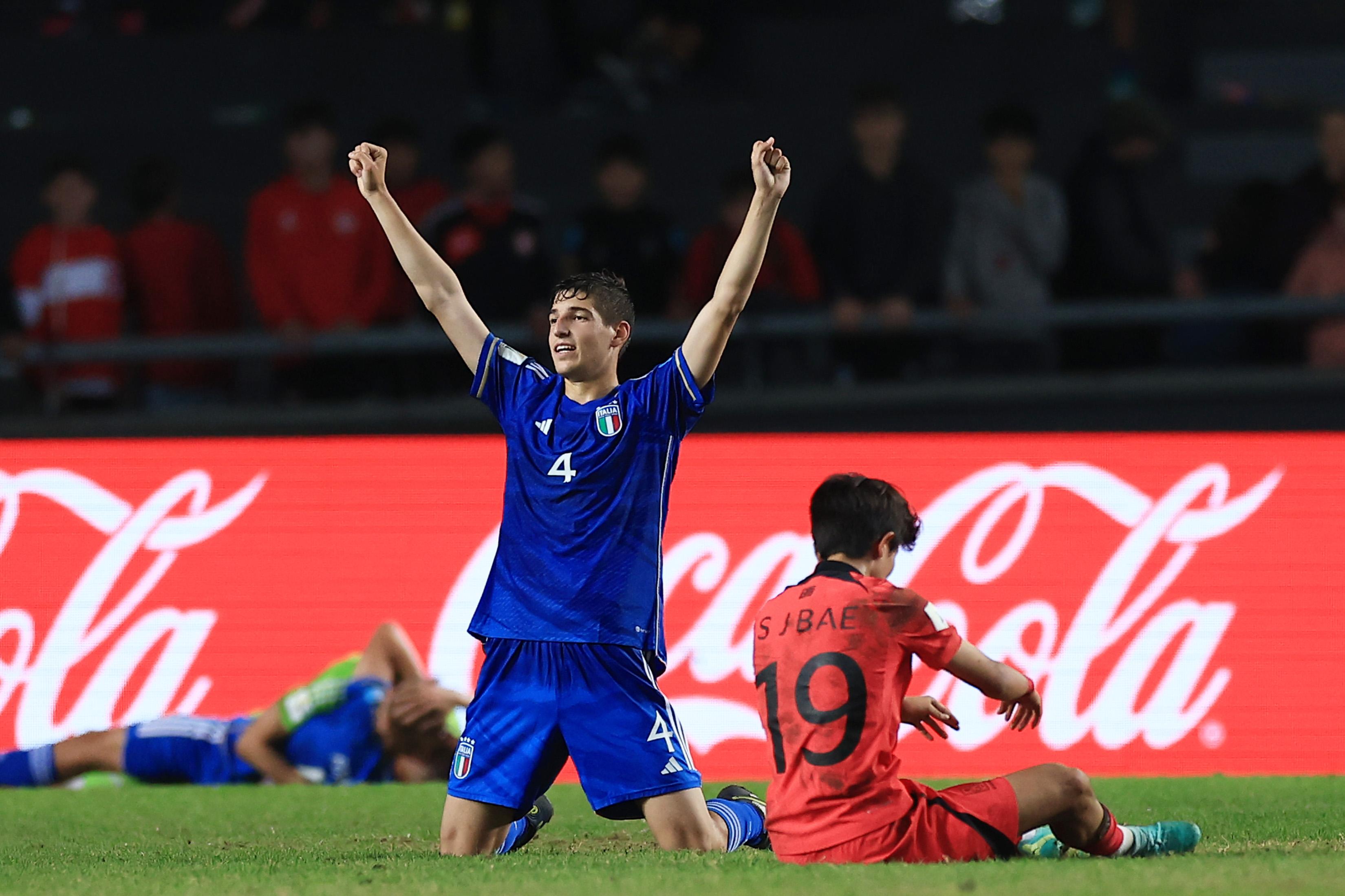 LA PLATA, ARGENTINA - JUNE 08: Matteo Prati of Italy celebrate following the team's victory in the FIFA U-20 World Cup Argentina 2023 Semi Finals match between Italy and Korea Republic at Estadio La Plata on June 08, 2023 in La Plata, Argentina. (Photo by Buda Mendes - FIFA/FIFA via Getty Images)