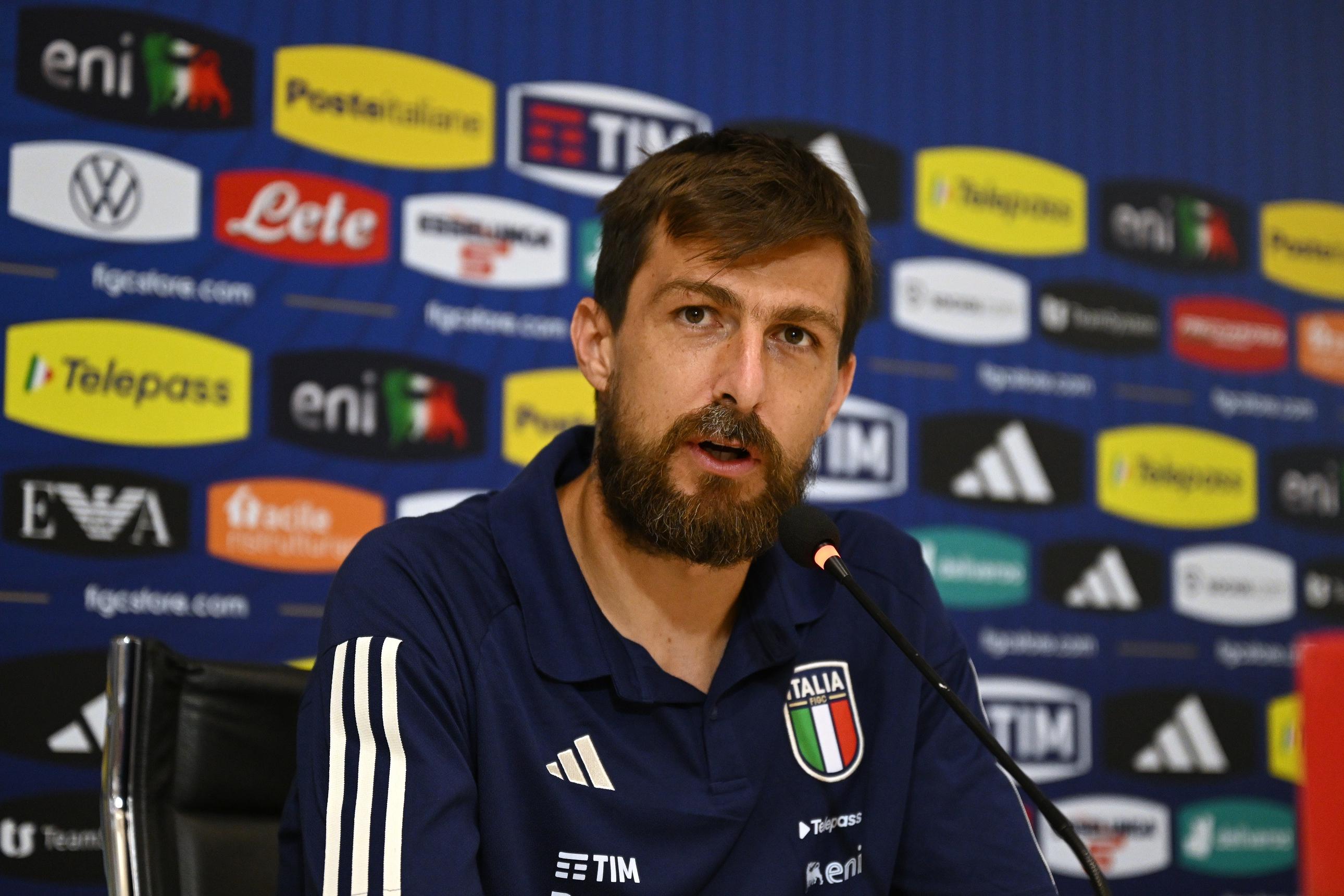 FLORENCE, ITALY - JUNE 12: Francesco Acerbi of Italy speaks with the media during press conference at Centro Tecnico Federale di Coverciano on June 12, 2023 in Florence, Italy. (Photo by Claudio Villa/Getty Images)