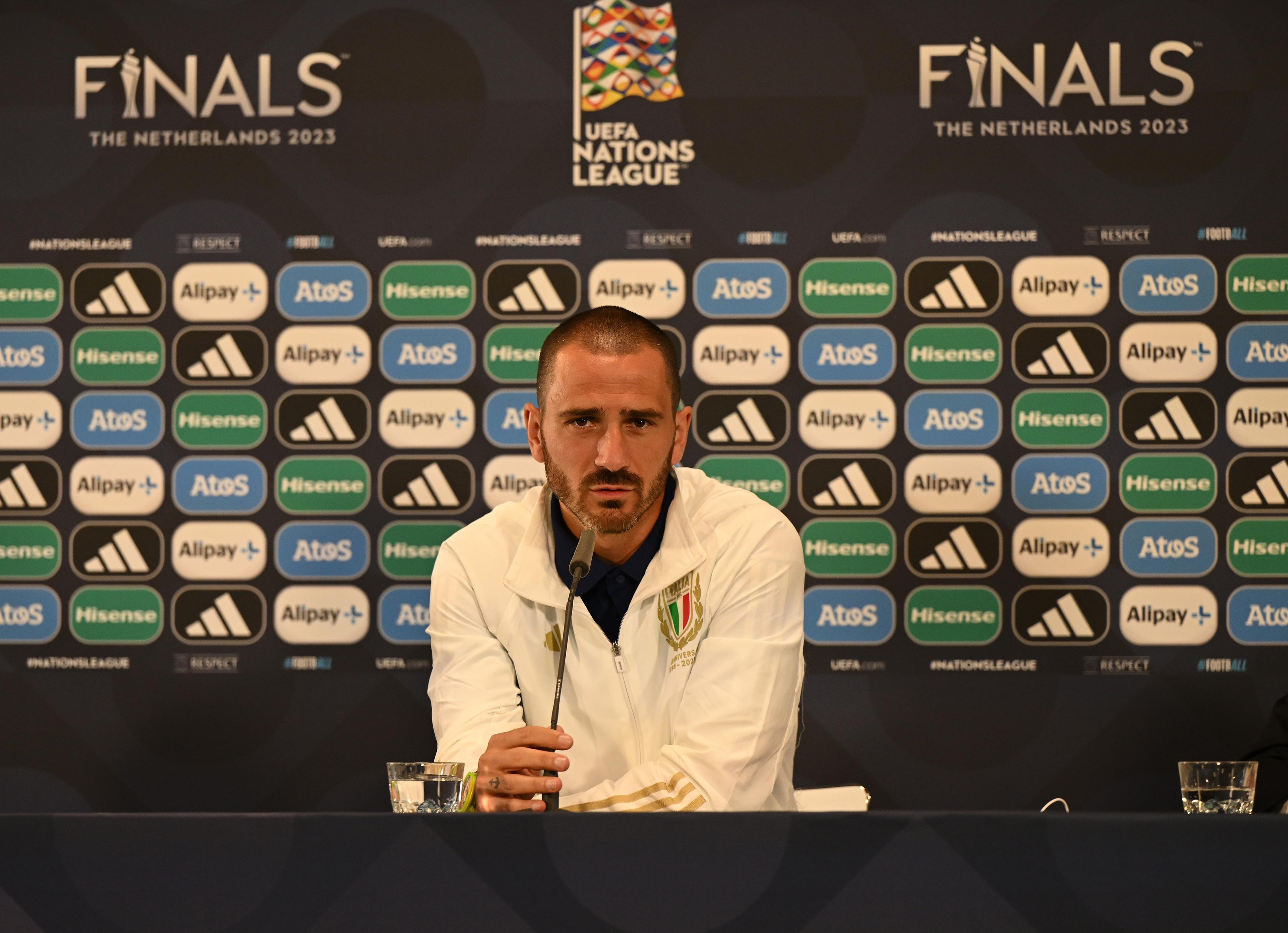 ENSCHEDE, NETHERLANDS - JUNE 14: Leonardo Bonucci of Italy speaks with the media prior to the UEFA Nations League 2022/23 at FC Twente Stadium on June 14, 2023 in Enschede, Netherlands. (Photo by Claudio Villa/Getty Images)