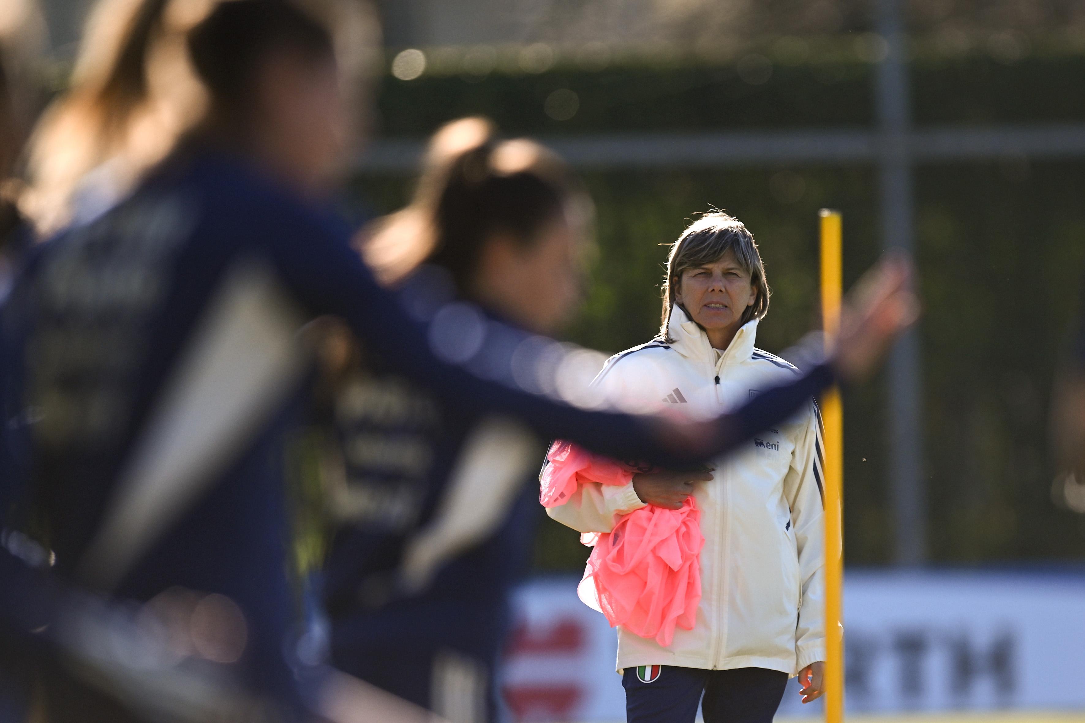 FLORENCE, ITALY - FEBRUARY 13: Milena Bertolini, Head coach of Italy Women, leads a training session at Centro Tecnico Federale di Coverciano on February 13, 2023 in Florence, Italy. (Photo by Tullio M. Puglia/Getty Images)