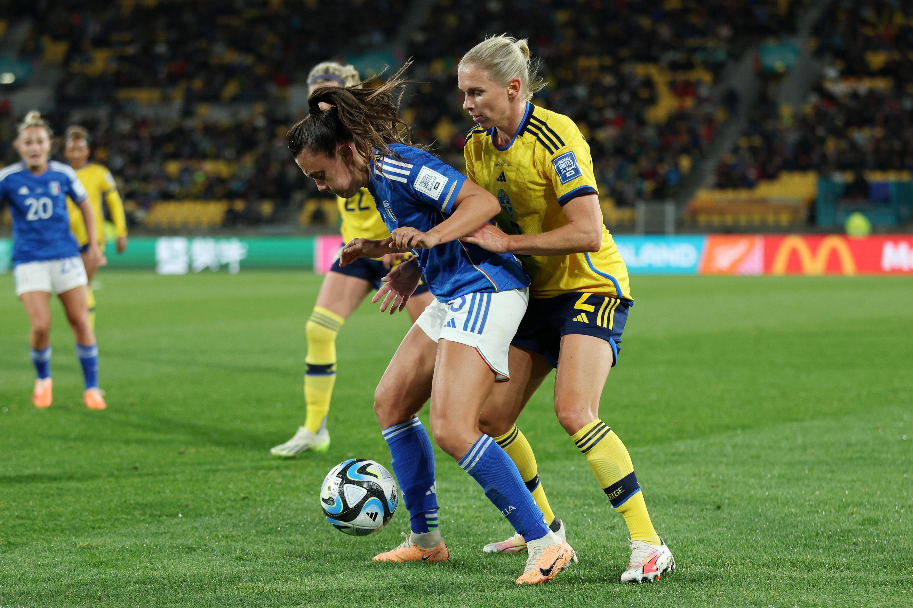 WELLINGTON, NEW ZEALAND - JULY 29: Annamaria Serturini of Italy controls the ball against Jonna Andersson of Sweden during the FIFA Women's World Cup Australia & New Zealand 2023 Group G match between Sweden and Italy at Wellington Regional Stadium on July 29, 2023 in Wellington / Te Whanganui-a-Tara, New Zealand. (Photo by Hagen Hopkins - FIFA/FIFA via Getty Images)