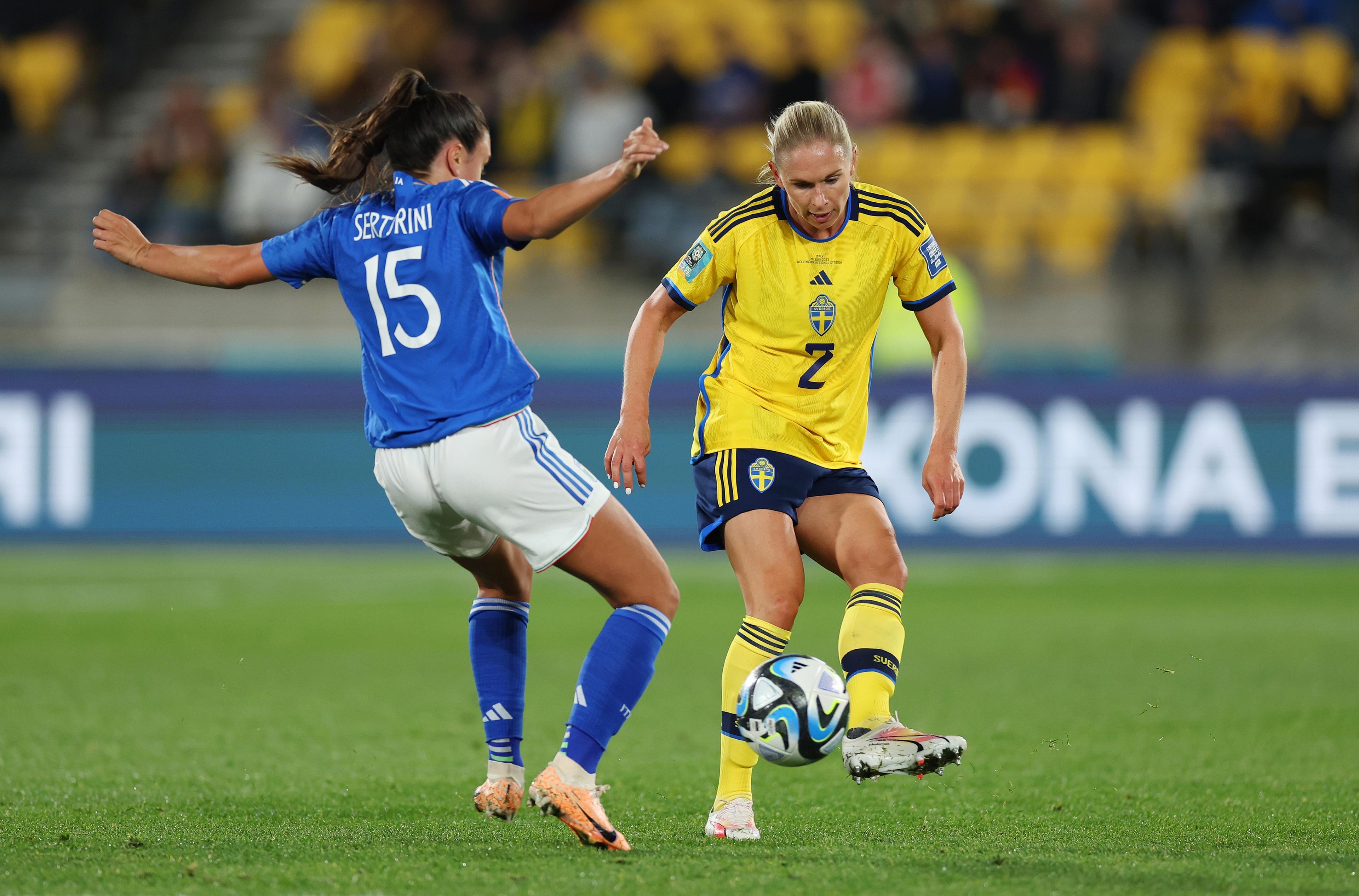 WELLINGTON, NEW ZEALAND - JULY 29: Jonna Andersson of Sweden takes on Annamaria Serturini of Italy during the FIFA Women's World Cup Australia & New Zealand 2023 Group G match between Sweden and Italy at Wellington Regional Stadium on July 29, 2023 in Wellington / Te Whanganui-a-Tara, New Zealand. (Photo by Katelyn Mulcahy - FIFA/FIFA via Getty Images)