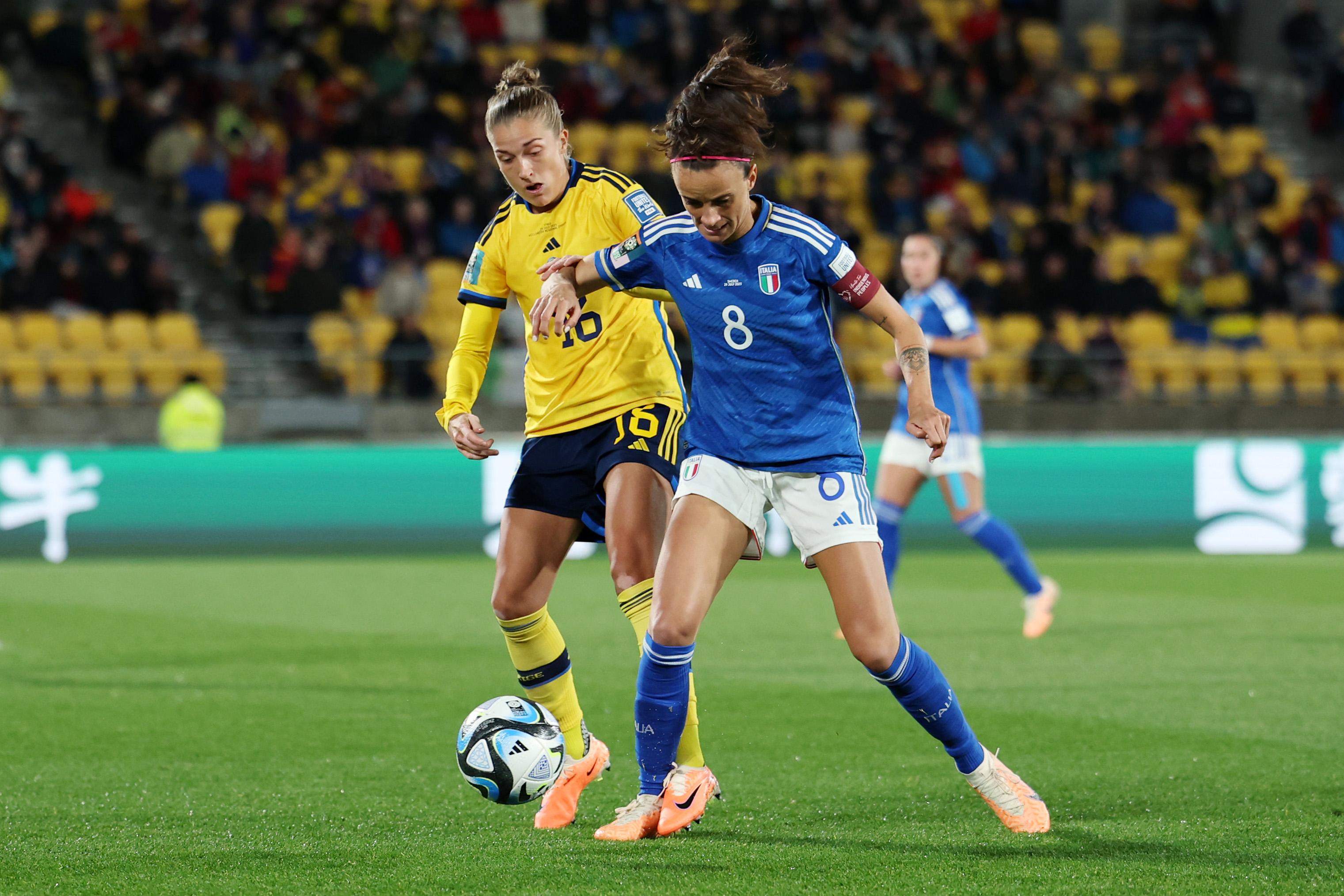 WELLINGTON, NEW ZEALAND - JULY 29: Barbara Bonansea of Italy and Filippa Angeldal of Sweden compete for the ball during the FIFA Women's World Cup Australia & New Zealand 2023 Group G match between Sweden and Italy at Wellington Regional Stadium on July 29, 2023 in Wellington / Te Whanganui-a-Tara, New Zealand. (Photo by Maja Hitij - FIFA/FIFA via Getty Images)