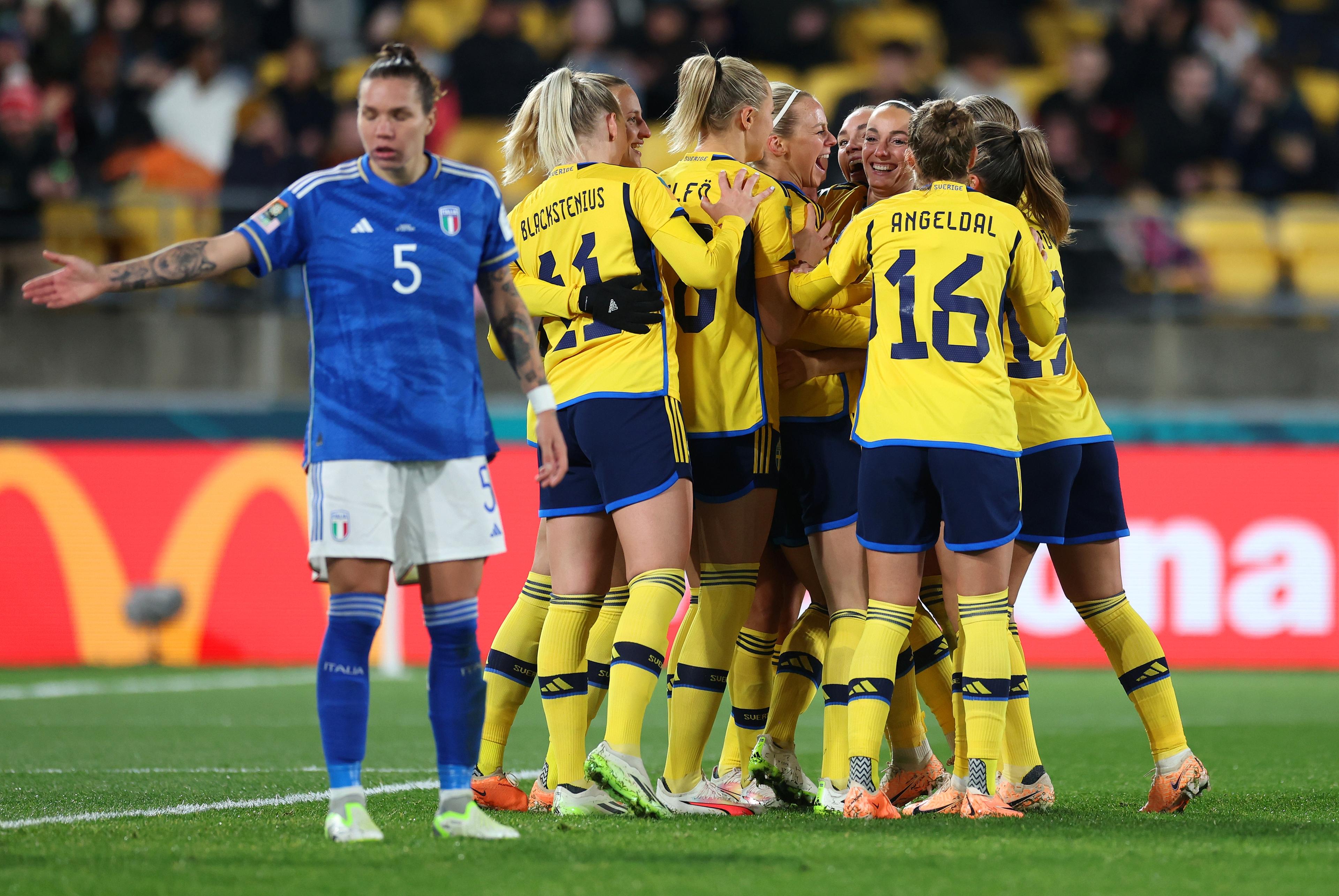 WELLINGTON, NEW ZEALAND - JULY 29: Sweden players celebrate the team's fourth goal scored by Amanda Ilestedt (obscured) during the FIFA Women's World Cup Australia & New Zealand 2023 Group G match between Sweden and Italy at Wellington Regional Stadium on July 29, 2023 in Wellington / Te Whanganui-a-Tara, New Zealand. (Photo by Maja Hitij - FIFA/FIFA via Getty Images)