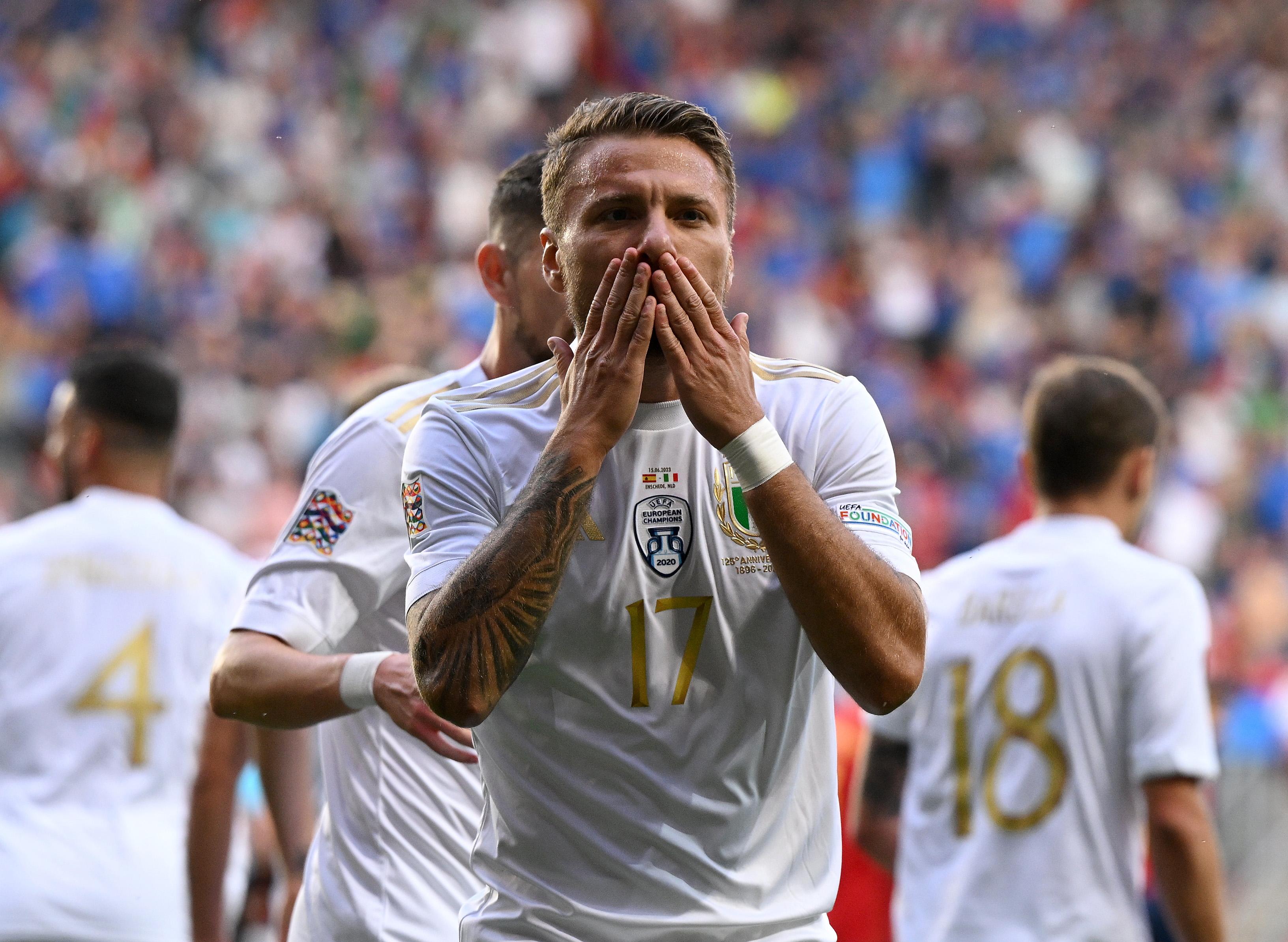 ENSCHEDE, NETHERLANDS - JUNE 15: Ciro Immobile of Italy celebrates after scoring the goal during the UEFA Nations League 2022/23 semifinal match between Spain and Italy at FC Twente Stadium on June 15, 2023 in Enschede, Netherlands. (Photo by Claudio Villa/Getty Images)