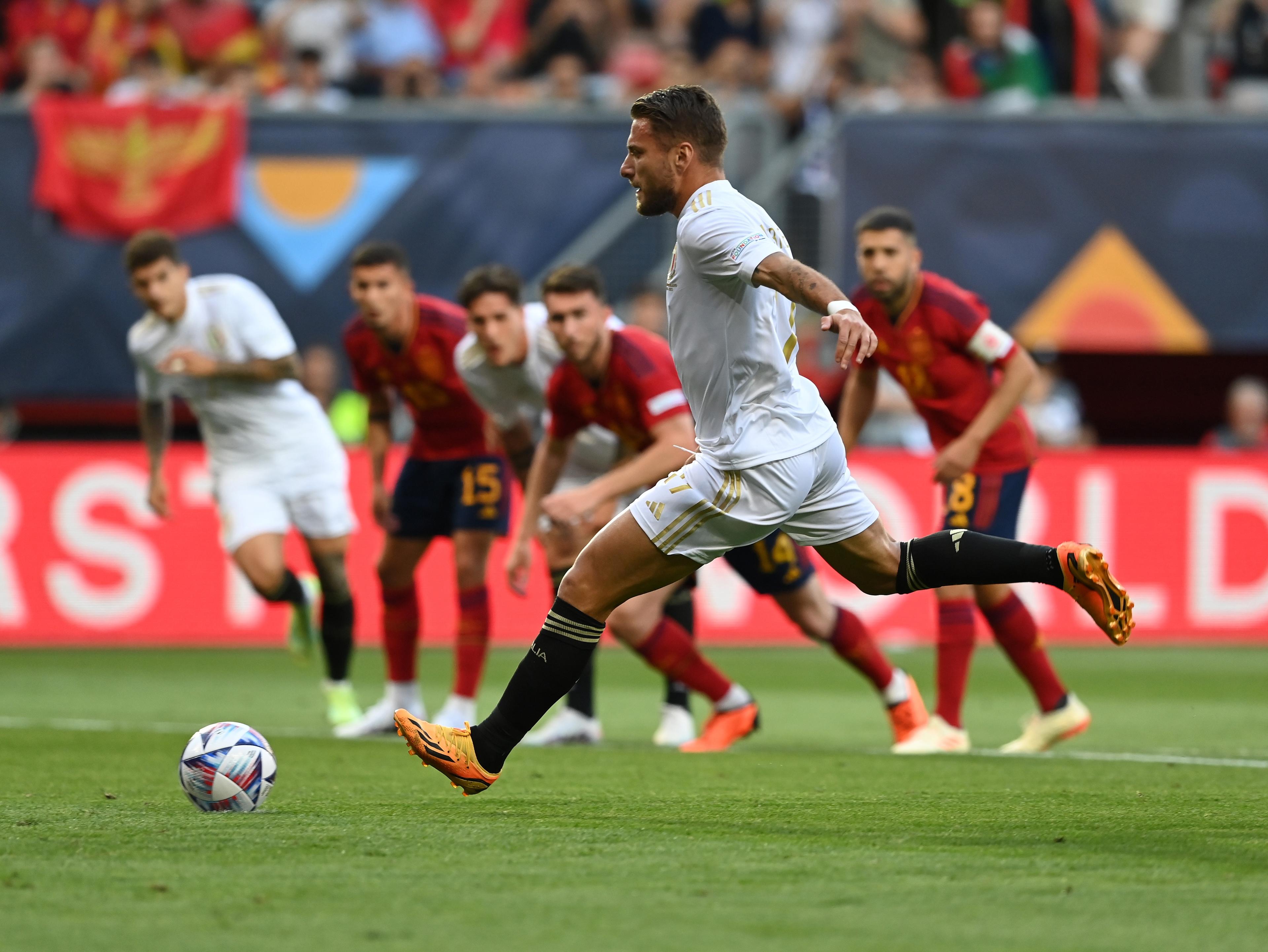 ENSCHEDE, NETHERLANDS - JUNE 15: Ciro Immobile of Italy takes a penalty during the UEFA Nations League 2022/23 semifinal match between Spain and Italy at FC Twente Stadium on June 15, 2023 in Enschede, Netherlands. (Photo by Claudio Villa/Getty Images)