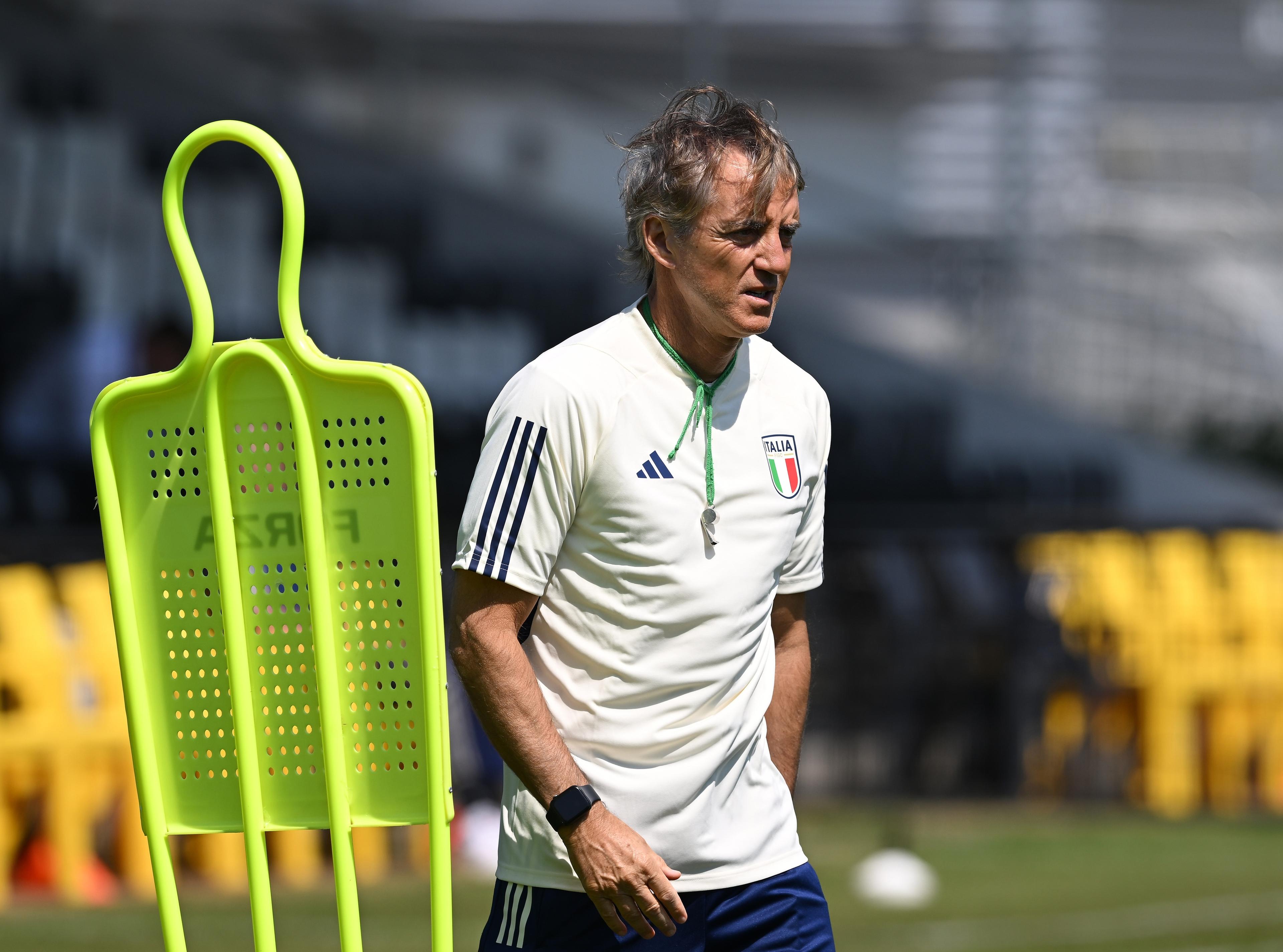 OLDENZAAL, NETHERLANDS - JUNE 16: Head coach of Italy Roberto Mancini warms up during an Italy Training Session at K.V.V. Quick' 20 Stadium on June 16, 2023 in Oldenzaal, Netherlands. (Photo by Claudio Villa/Getty Images)