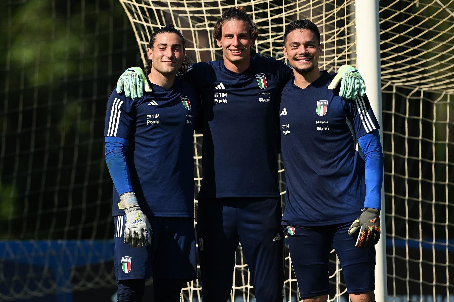 TIRRENIA, ITALY - JUNE 15: Stefano Turati, Marco Carnasecchi and Elia Caprile of Italy U21 in action during a training session at Centro di Preparazione Olimpica on June 15, 2023 in Tirrenia, Italy. (Photo by Tullio M. Puglia/Getty Images)