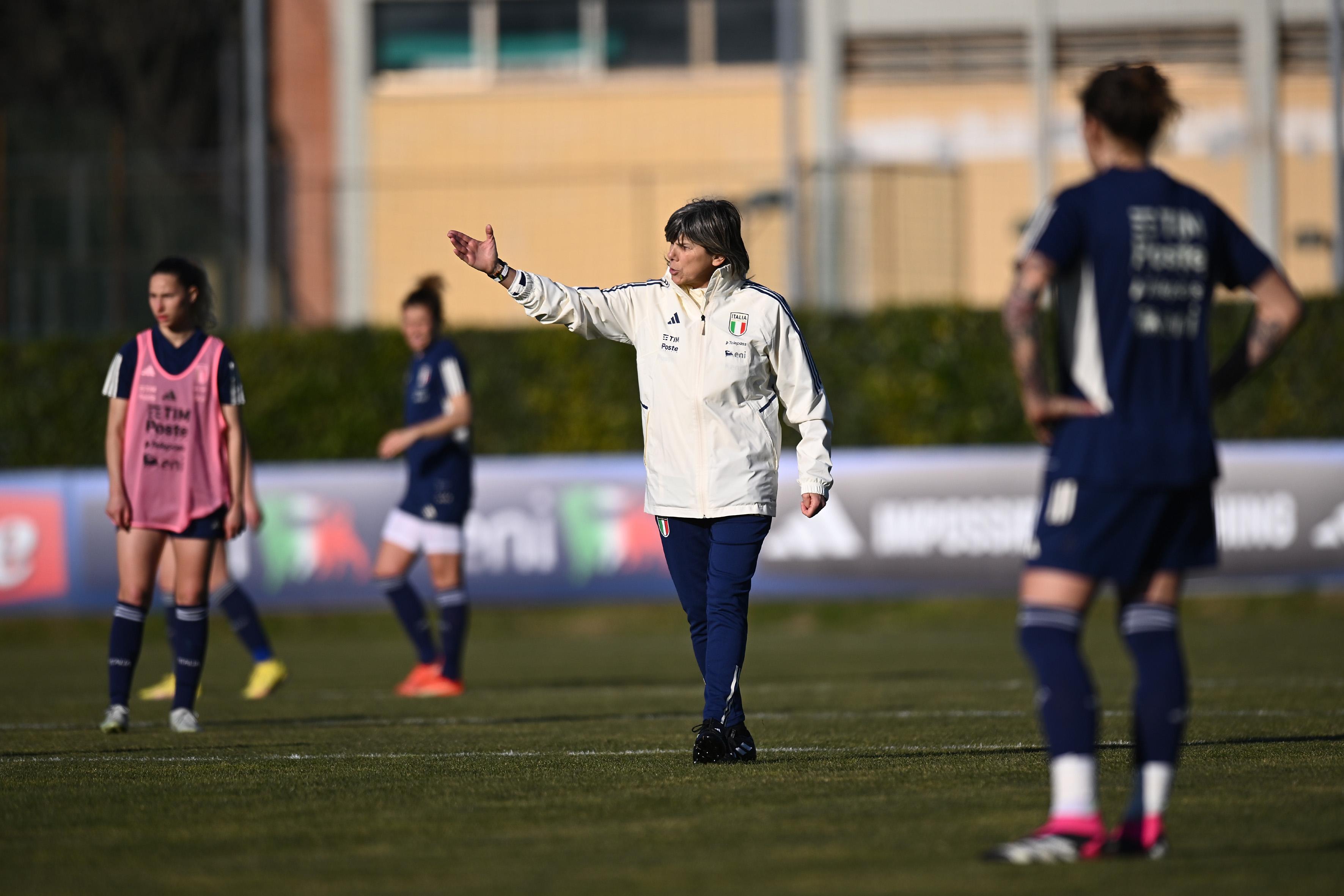 FLORENCE, ITALY - FEBRUARY 13: Milena Bertolini, Head coach of Italy Women, leads a training session at Centro Tecnico Federale di Coverciano on February 13, 2023 in Florence, Italy. (Photo by Tullio M. Puglia/Getty Images)