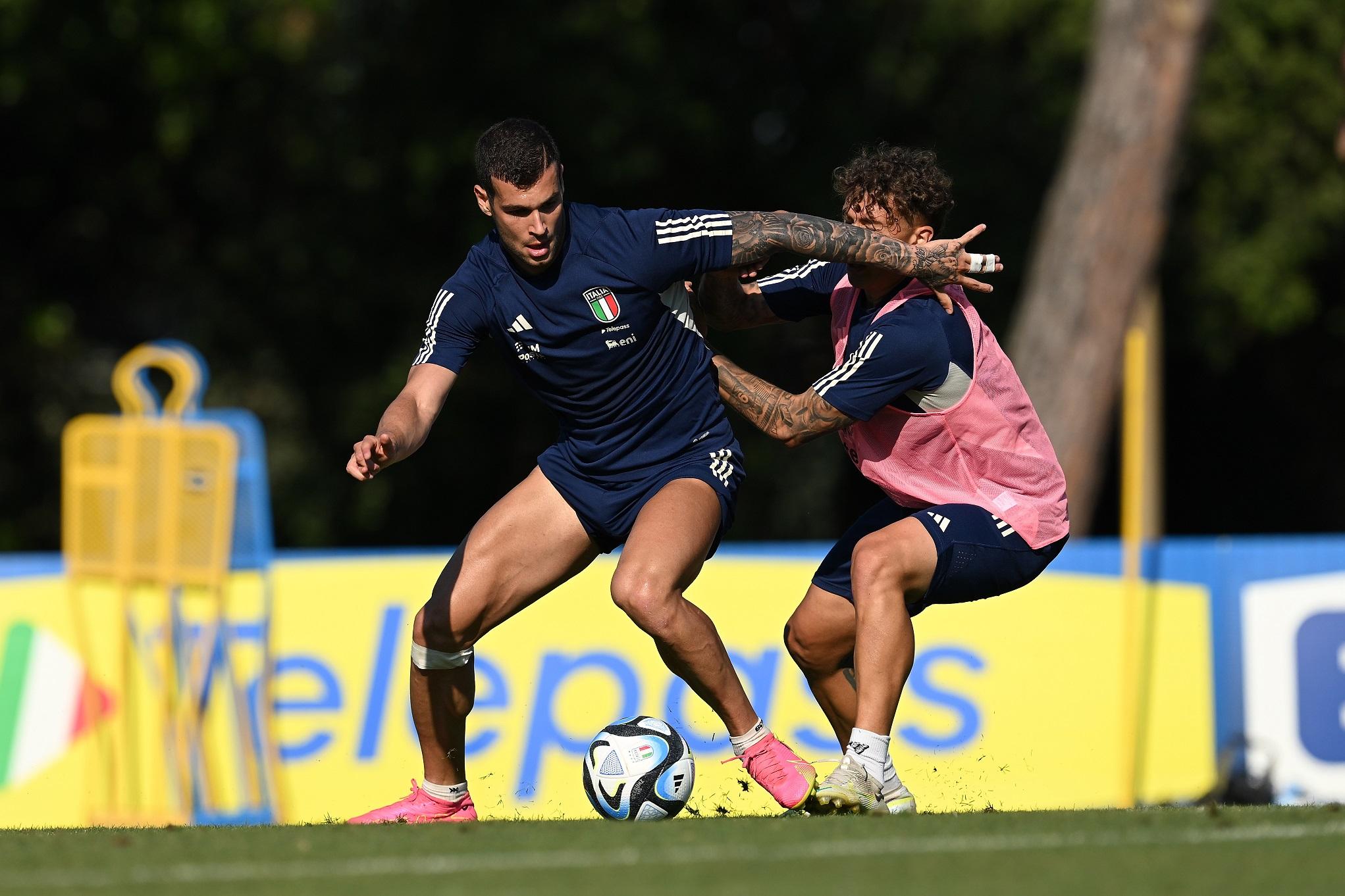 TIRRENIA, ITALY - JUNE 15: Pietro Pellegri and Salvatore Esposito of Italy U21 in action during a training session at Centro di Preparazione Olimpica on June 15, 2023 in Tirrenia, Italy. (Photo by Tullio M. Puglia/Getty Images)
