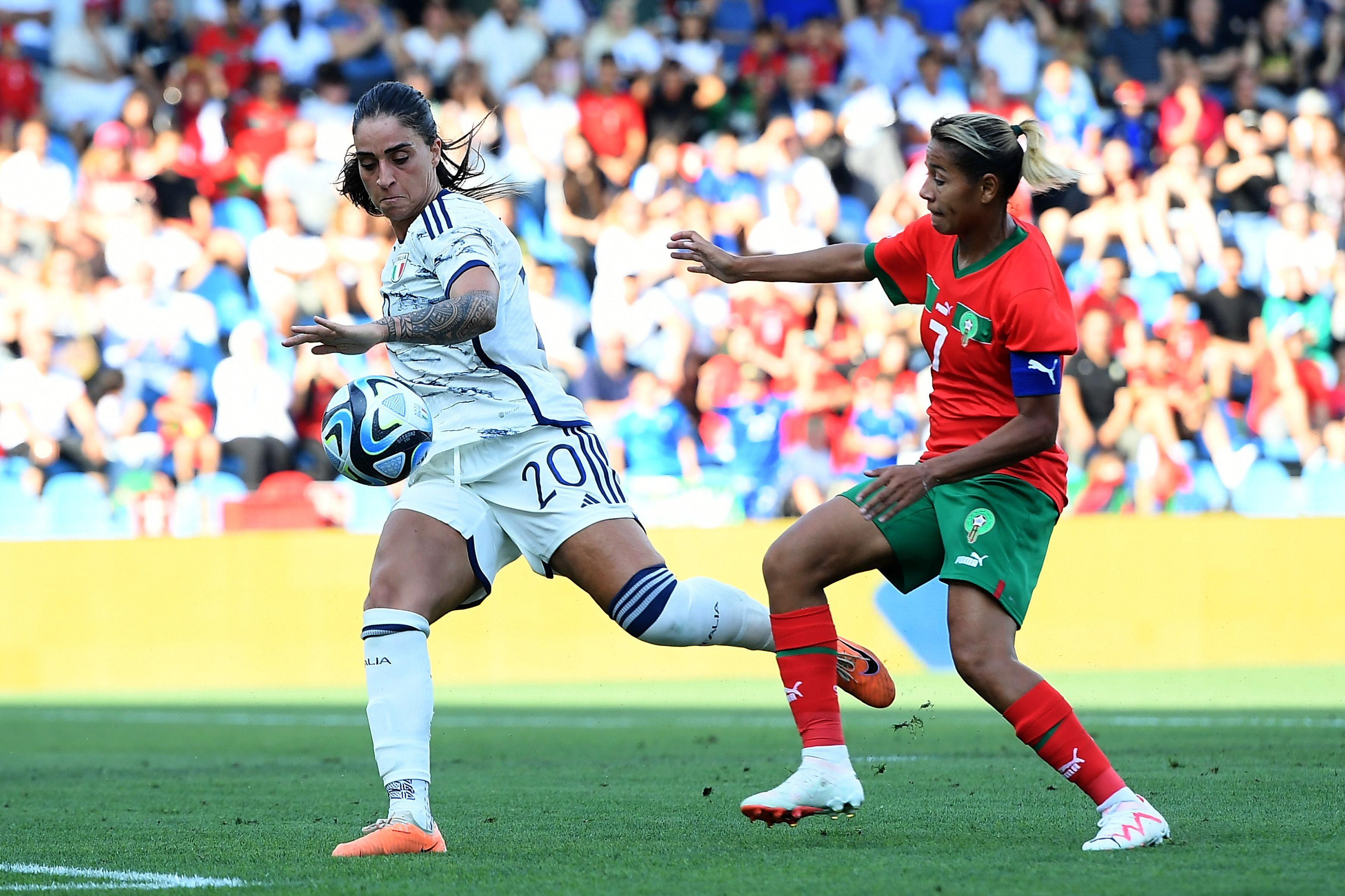 FERRARA, ITALY - JULY 01: Martina Piemonte of Italy  competes for the ball with  Ghizlane Chebbak of Morocco during the Women\\u00B4s International Friendly match between Italy and Morocco at Stadio Paolo Mazza on July 01, 2023 in Ferrara, Italy. (Photo by Alessandro Sabattini/Getty Images)