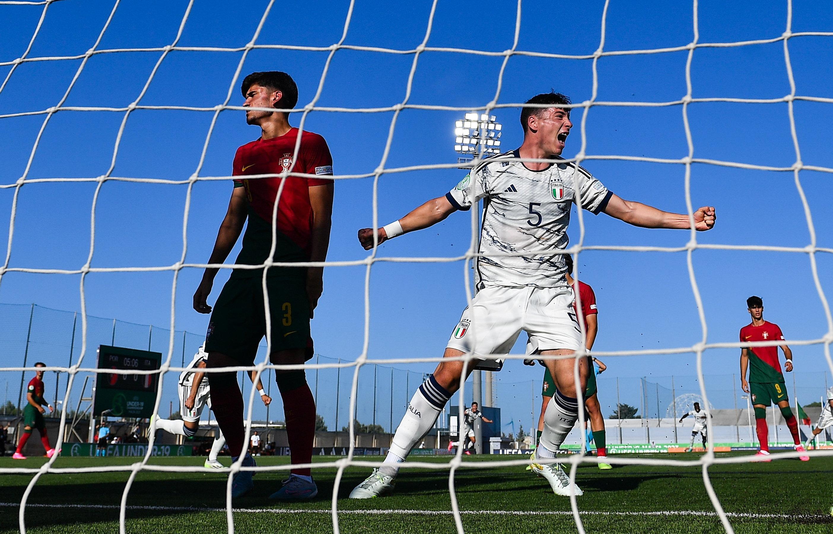 TA' QALI, MALTA - JULY 6: Lorenzo Dellavalle of Italy celebrates his side's first goal, scored by teammate Luca Lipani, not pictured, during the UEFA European Under-19 Championship Finals 2022/23 group A match between Portugal and Italy at the Cenentary Stadium on July 6, 2023 in Ta' Qali, Malta. (Photo by Seb Daly - Sportsfile/UEFA via Getty Images)