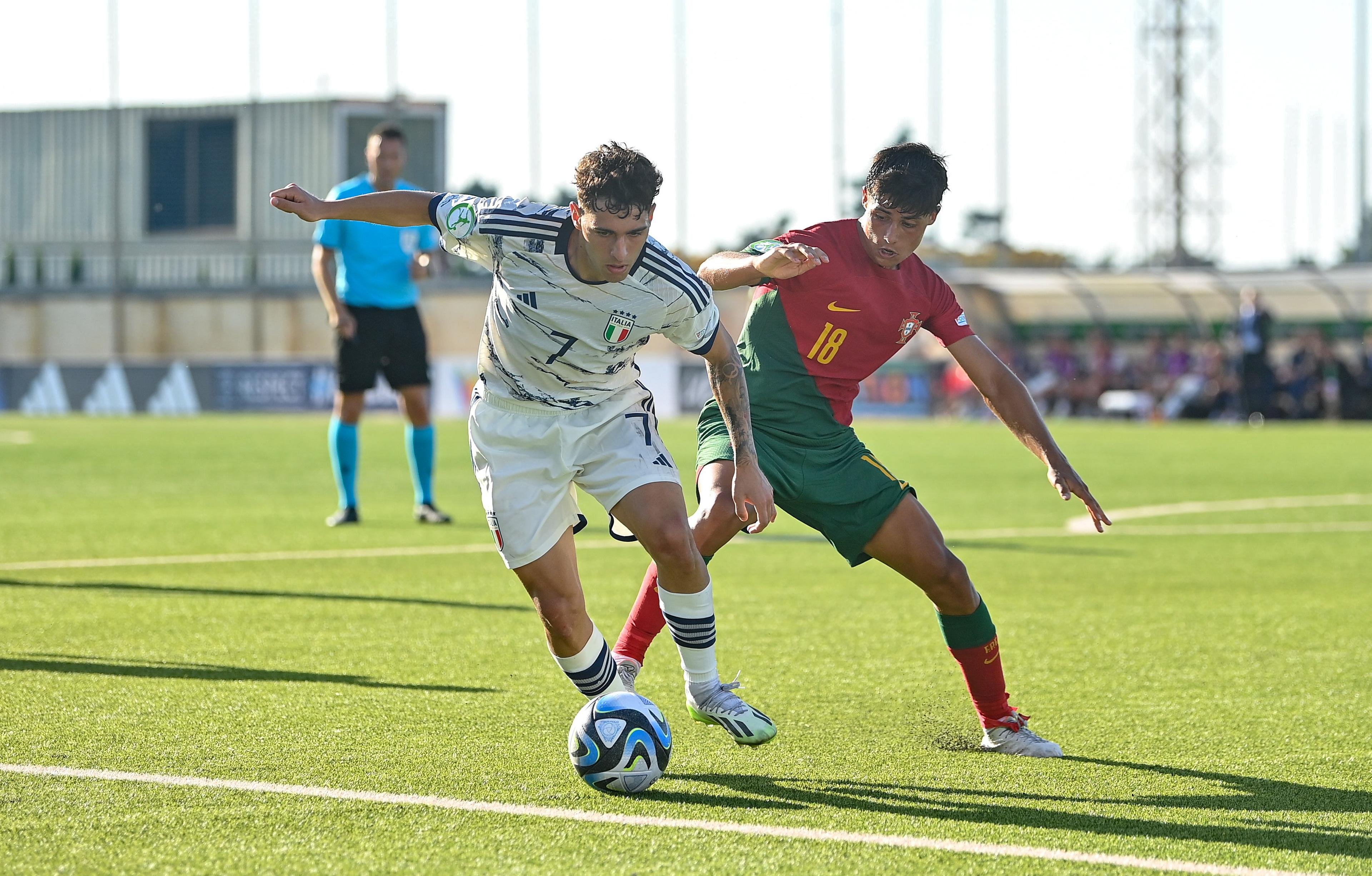 TA' QALI, MALTA - JULY 6: Luis Hasa of Italy in action against Samuel Justo of Portugal during the UEFA European Under-19 Championship Finals 2022/23 group A match between Portugal and Italy at the Cenentary Stadium on July 6, 2023 in Ta' Qali, Malta. (Photo by Seb Daly - Sportsfile/UEFA via Getty Images)