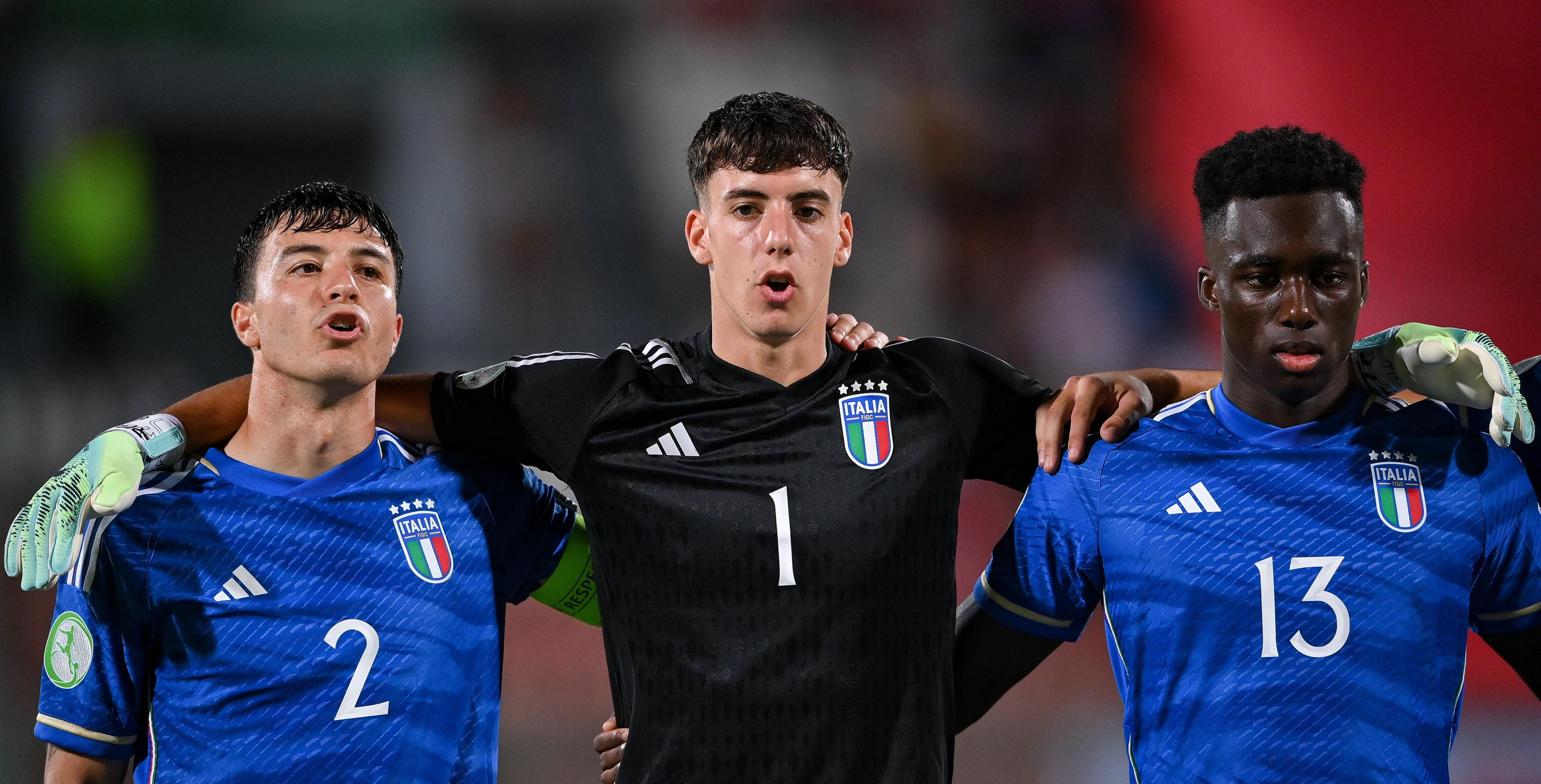 TA' QALI, MALTA - JULY 3: Italy players, from left, Filippo Missori, Davide Mastrantonio and Michael Olabode Kayode before the UEFA European Under-19 Championship Finals 2022/23 group A match between Malta and Italy at the National Stadium on July 3, 2023 in Ta' Qali, Malta. (Photo by Seb Daly - Sportsfile/UEFA via Getty Images)
