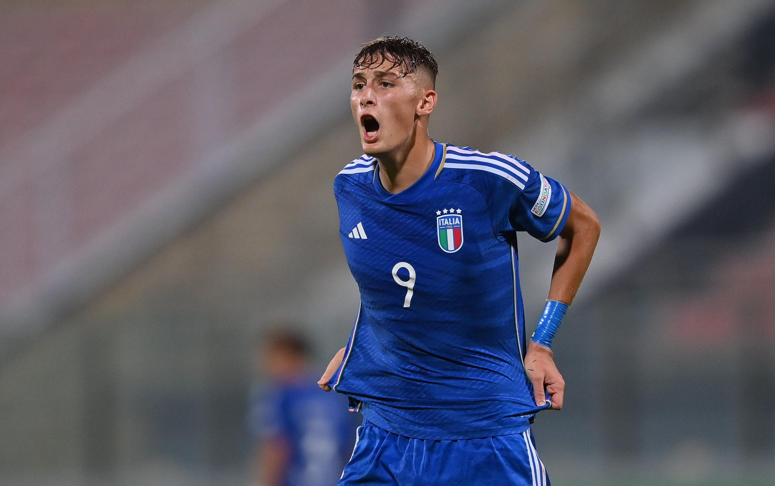 TA' QALI, MALTA - JULY 13: Francesco Pio Esposito of Italy during the UEFA European Under-19 Championship 2022/23 semi-final match between Spain and Italy at the National Stadium on July 13, 2023 in Ta' Qali, Malta. (Photo by Seb Daly - Sportsfile/UEFA via Getty Images)