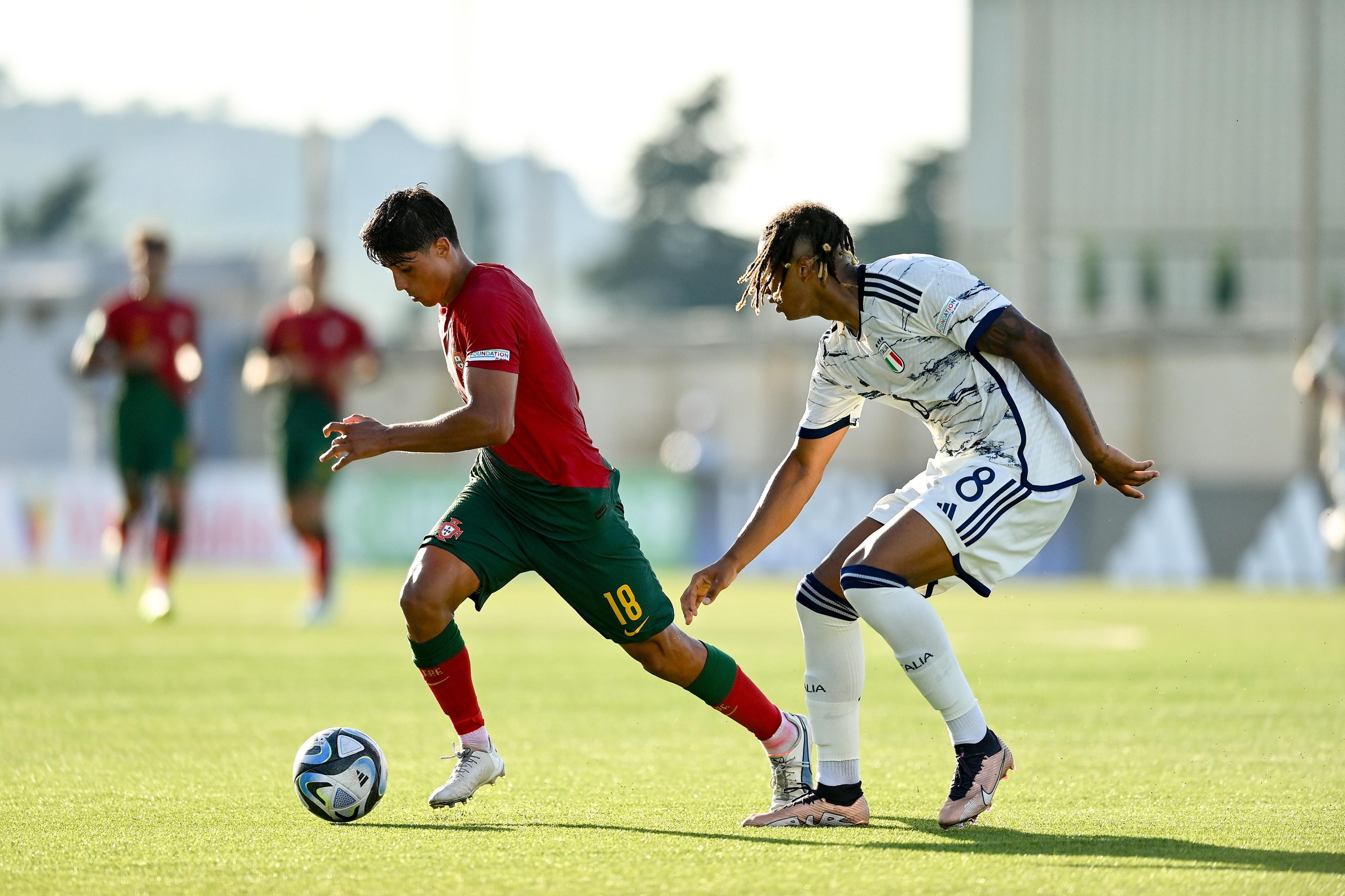 TA' QALI, MALTA - JULY 6: Samuel Justo of Portugal in action against Cher N'dour of Italy during the UEFA European Under-19 Championship Finals 2022/23 group A match between Portugal and Italy at the Cenentary Stadium on July 6, 2023 in Ta' Qali, Malta. (Photo by Seb Daly - Sportsfile/UEFA via Getty Images)
