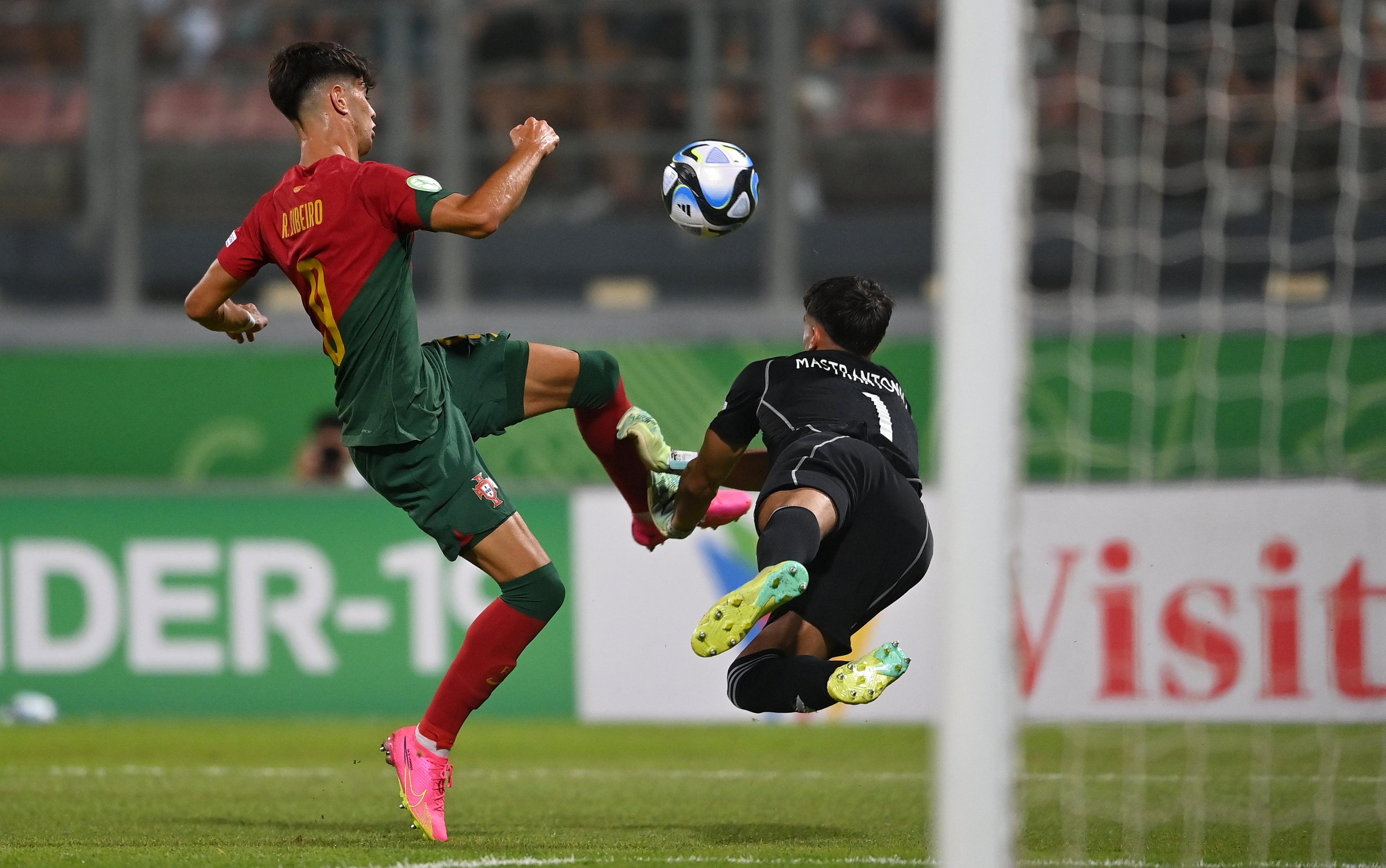 TA' QALI, MALTA - JULY 16: Italy goalkeeper Davide Mastrantonio makes a save against Rodrigo Ribeiro of Portugal during the UEFA European Under-19 Championship 2022/23 final match between Portugal and Italy at the National Stadium on July 16, 2023 in Ta' Qali, Malta. (Photo by Seb Daly - Sportsfile/UEFA via Getty Images)