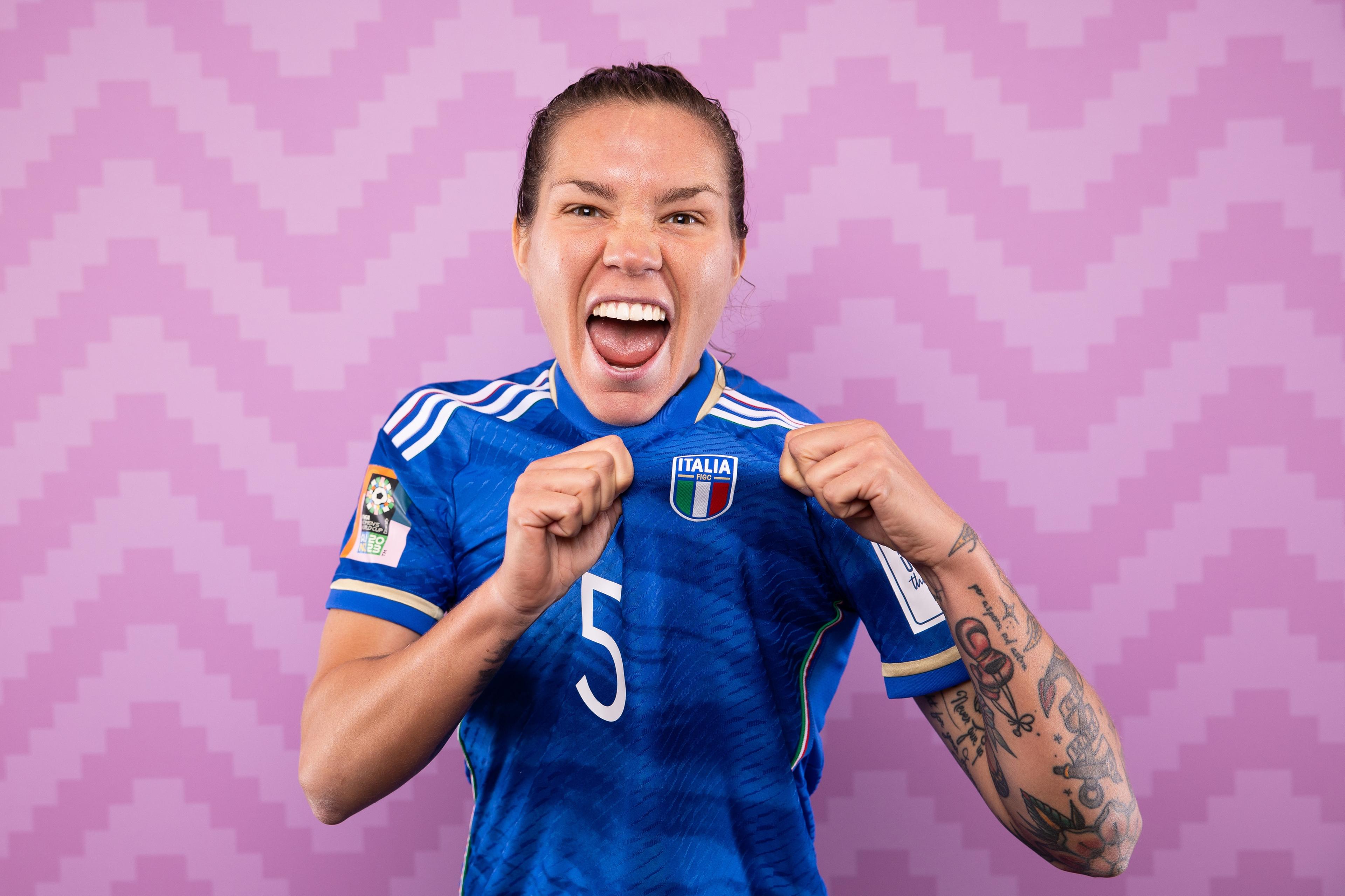 AUCKLAND, NEW ZEALAND - JULY 18: Elena Linari of Italy poses for a photo for a portrait during the official FIFA Women's World Cup Australia & New Zealand 2023 portrait session on July 18, 2023 in Auckland, New Zealand. (Photo by Catherine Ivill - FIFA/FIFA via Getty Images)