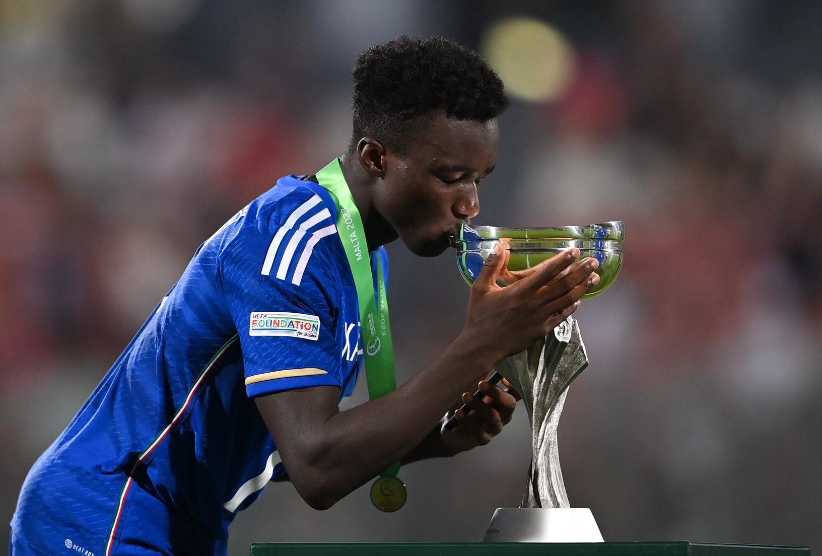 TA' QALI, MALTA - JULY 16: Michael Olabode Kayode of Italy after the UEFA European Under-19 Championship 2022/23 final match between Portugal and Italy at the National Stadium on July 16, 2023 in Ta' Qali, Malta. (Photo by Seb Daly - Sportsfile/UEFA via Getty Images)