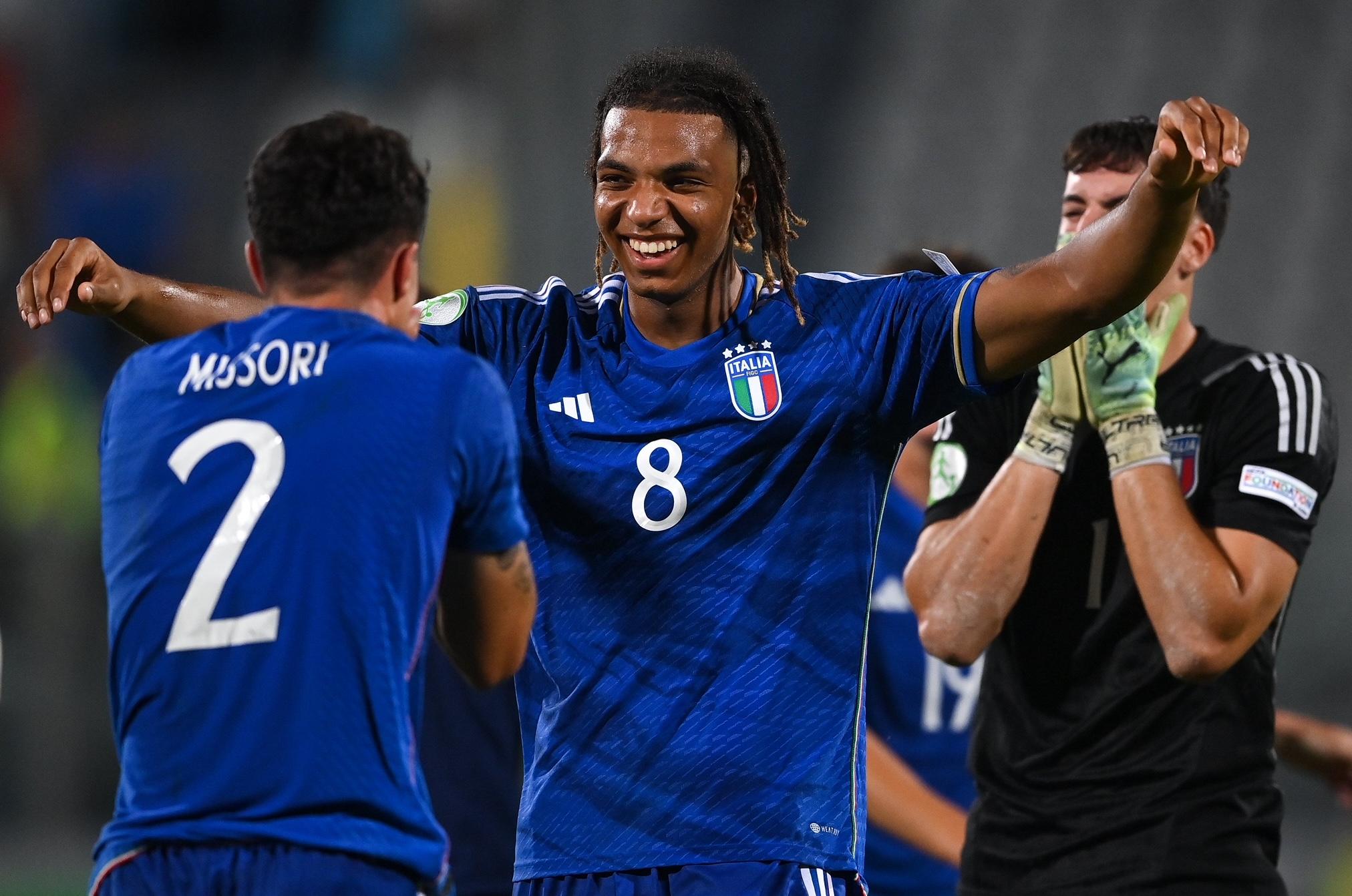 TA' QALI, MALTA - JULY 16: Cher N'dour, right, and Filippo Missori of Italy celebrate after the UEFA European Under-19 Championship 2022/23 final match between Portugal and Italy at the National Stadium on July 16, 2023 in Ta' Qali, Malta. (Photo by Seb Daly - Sportsfile/UEFA via Getty Images)