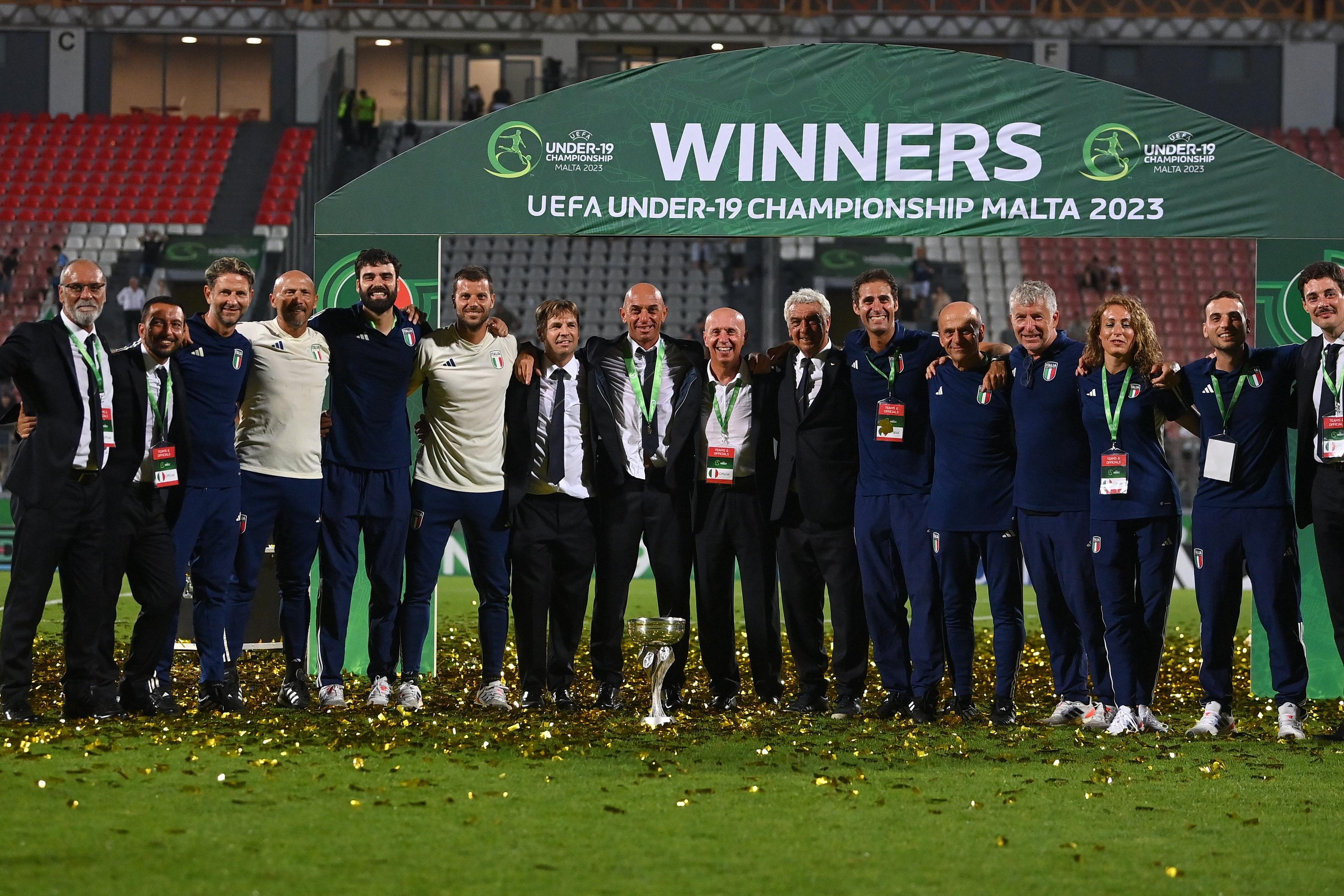 TA\\' QALI, MALTA - JULY 16: Italy backroom staff after the UEFA European Under-19 Championship 2022/23 final match between Portugal and Italy at the National Stadium on July 16, 2023 in Ta\\' Qali, Malta. (Photo by Seb Daly - Sportsfile/UEFA via Getty Images)