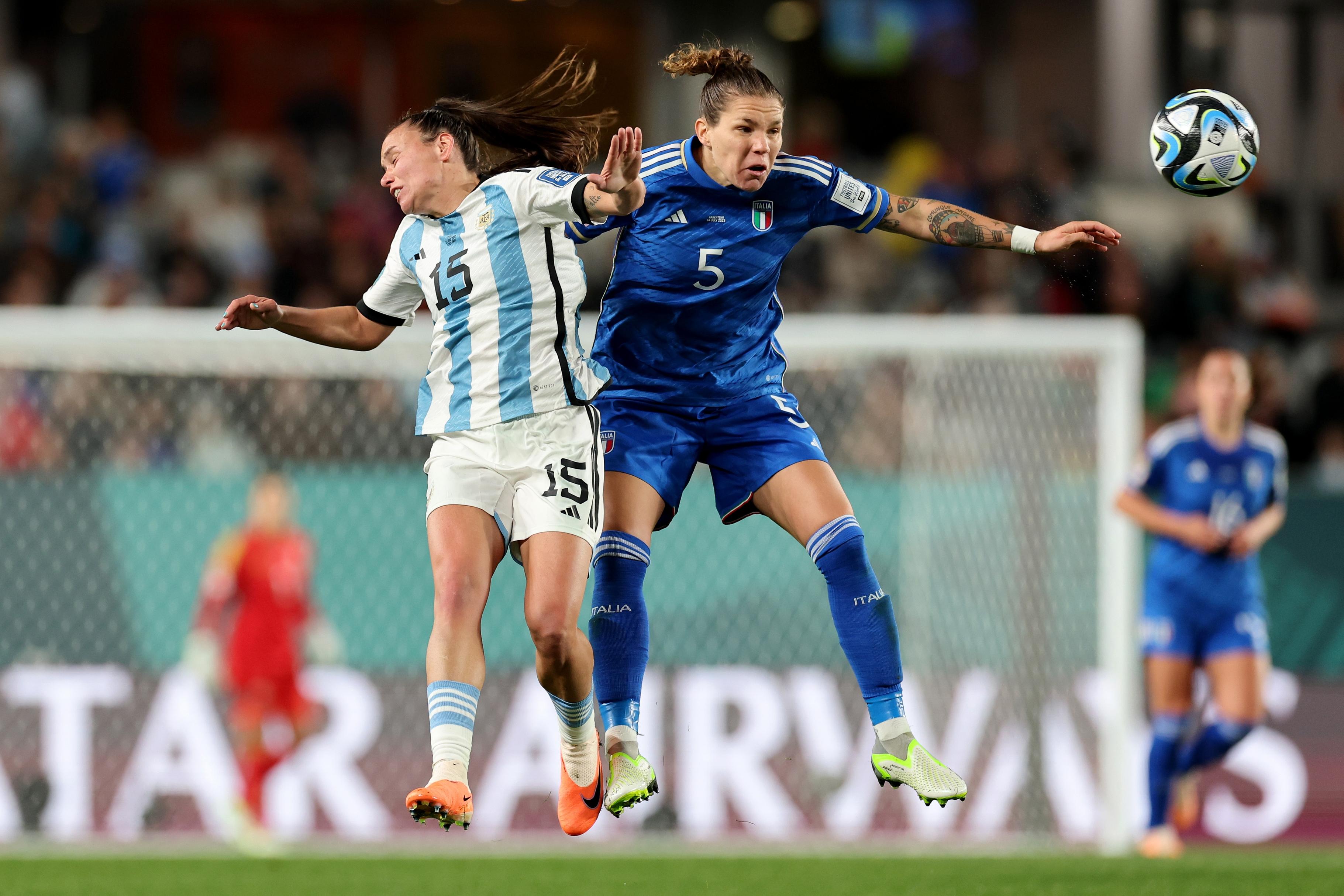 AUCKLAND, NEW ZEALAND - JULY 24: Elena Linari of Italy and Florencia Bonsegundo of Argentina compete for the ball during the FIFA Women\\'s World Cup Australia & New Zealand 2023 Group G match between Italy and Argentina at Eden Park on July 24, 2023 in Auckland / T\\u00C4\\u0081maki Makaurau, New Zealand. (Photo by Jan Kruger - FIFA/FIFA via Getty Images)