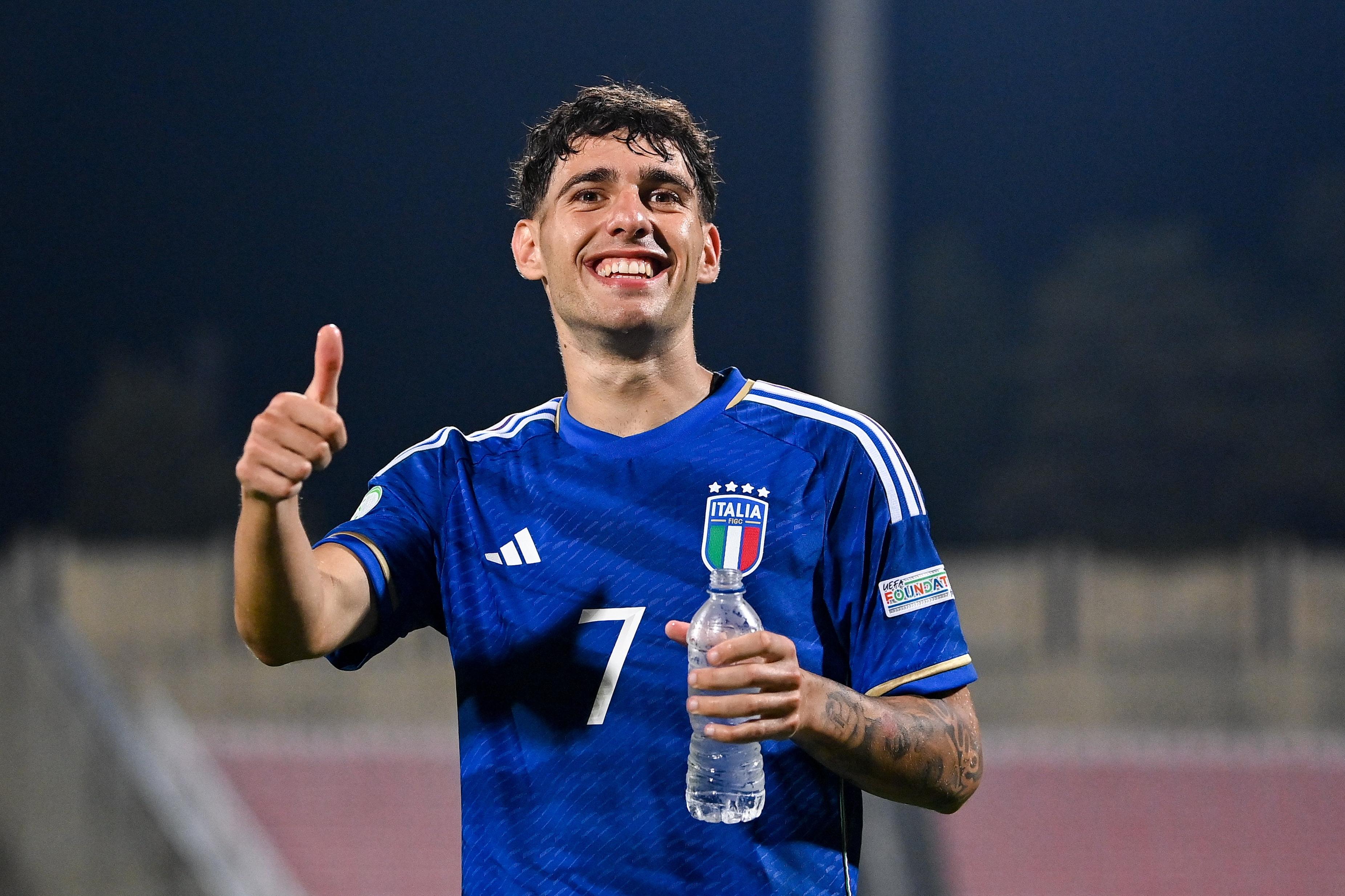 TA\\' QALI, MALTA - JULY 16: Luis Hasa of Italy after the UEFA European Under-19 Championship 2022/23 final match between Portugal and Italy at the National Stadium on July 16, 2023 in Ta\\' Qali, Malta. (Photo by Seb Daly - Sportsfile/UEFA via Getty Images)