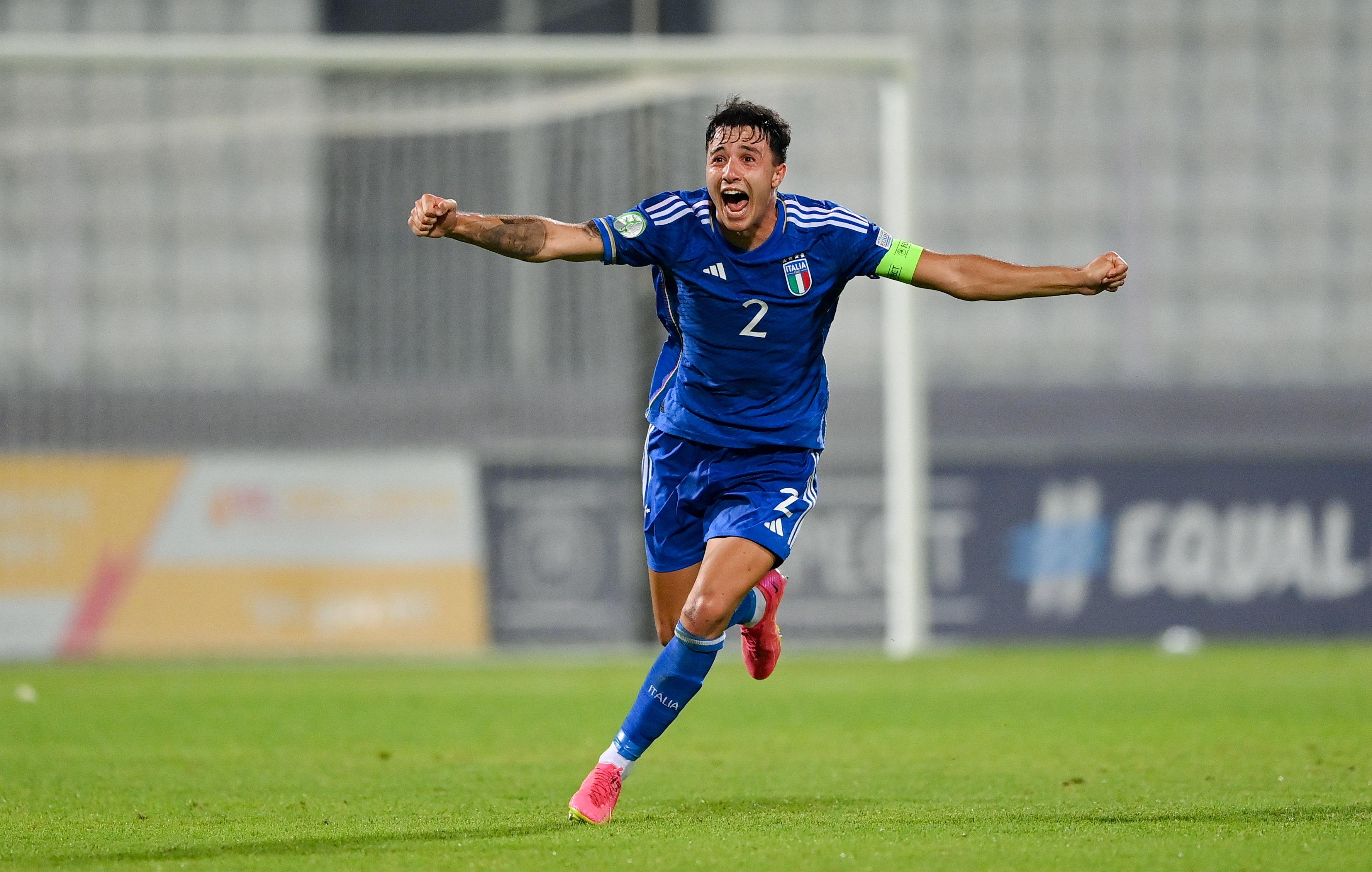 TA' QALI, MALTA - JULY 16: Filippo Missori of Italy celebrates after the UEFA European Under-19 Championship 2022/23 final match between Portugal and Italy at the National Stadium on July 16, 2023 in Ta' Qali, Malta. (Photo by Seb Daly - Sportsfile/UEFA via Getty Images)