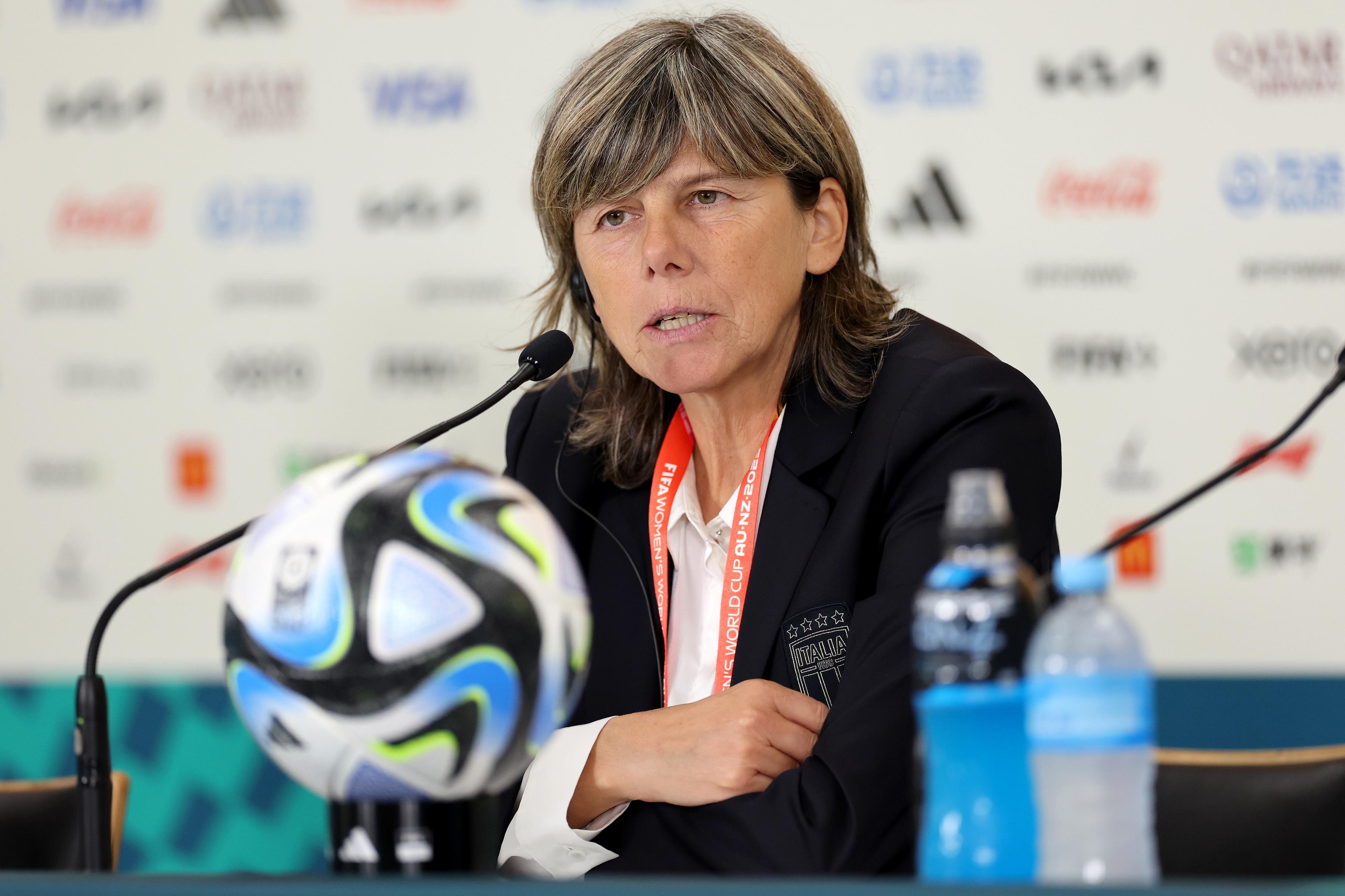 AUCKLAND, NEW ZEALAND - JULY 24: Milena Bertolini, Head Coach of Italy, speaks to the media in the post match press conference after the FIFA Women\\'s World Cup Australia & New Zealand 2023 Group G match between Italy and Argentina at Eden Park on July 24, 2023 in Auckland / T\\u00C4\\u0081maki Makaurau, New Zealand. (Photo by Jan Kruger - FIFA/FIFA via Getty Images)