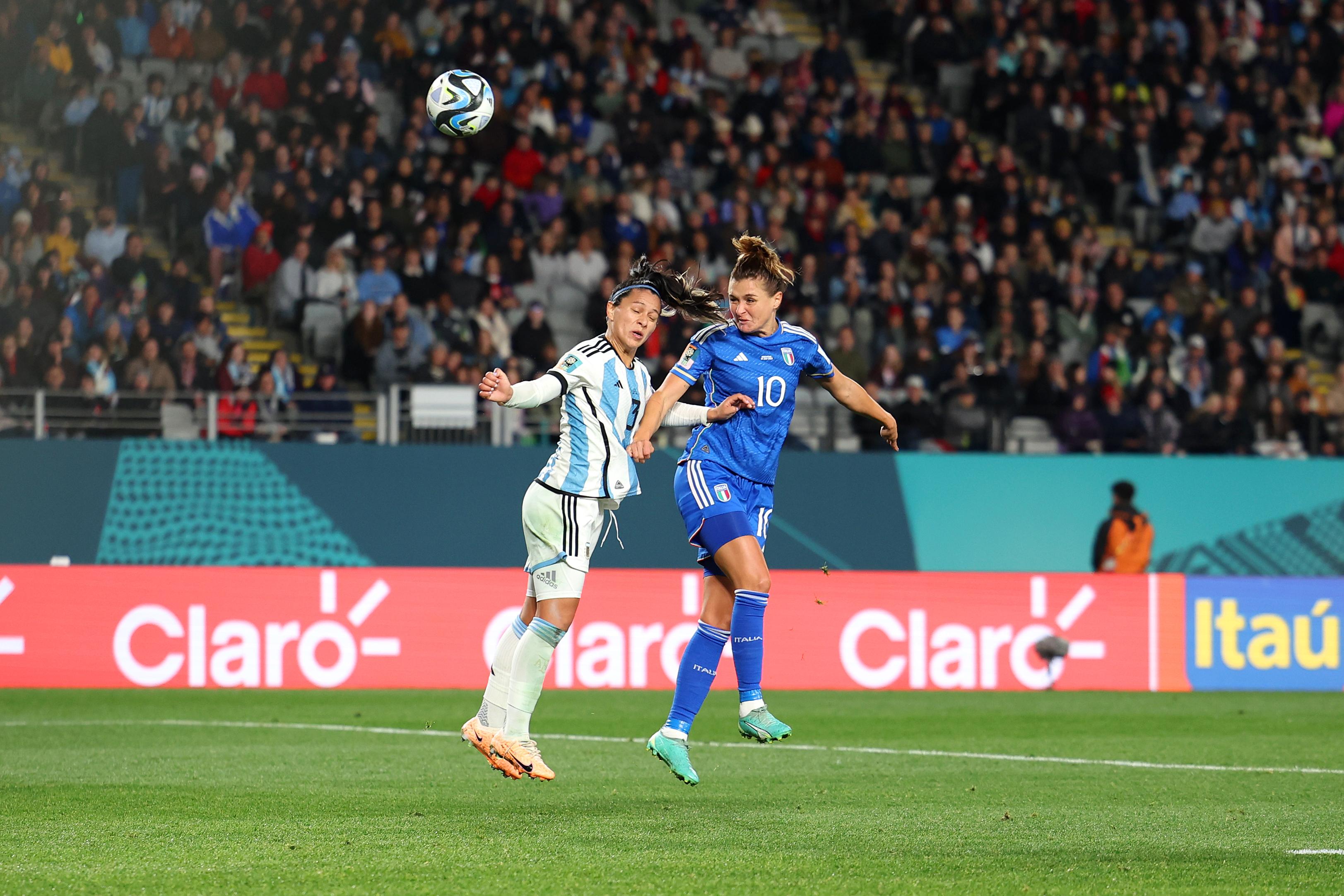 AUCKLAND, NEW ZEALAND - JULY 24: Cristiana Girelli of Italy heads to score her team's first goal during the FIFA Women's World Cup Australia & New Zealand 2023 Group G match between Italy and Argentina at Eden Park on July 24, 2023 in Auckland / TÄmaki Makaurau, New Zealand. (Photo by Phil Walter/Getty Images)
