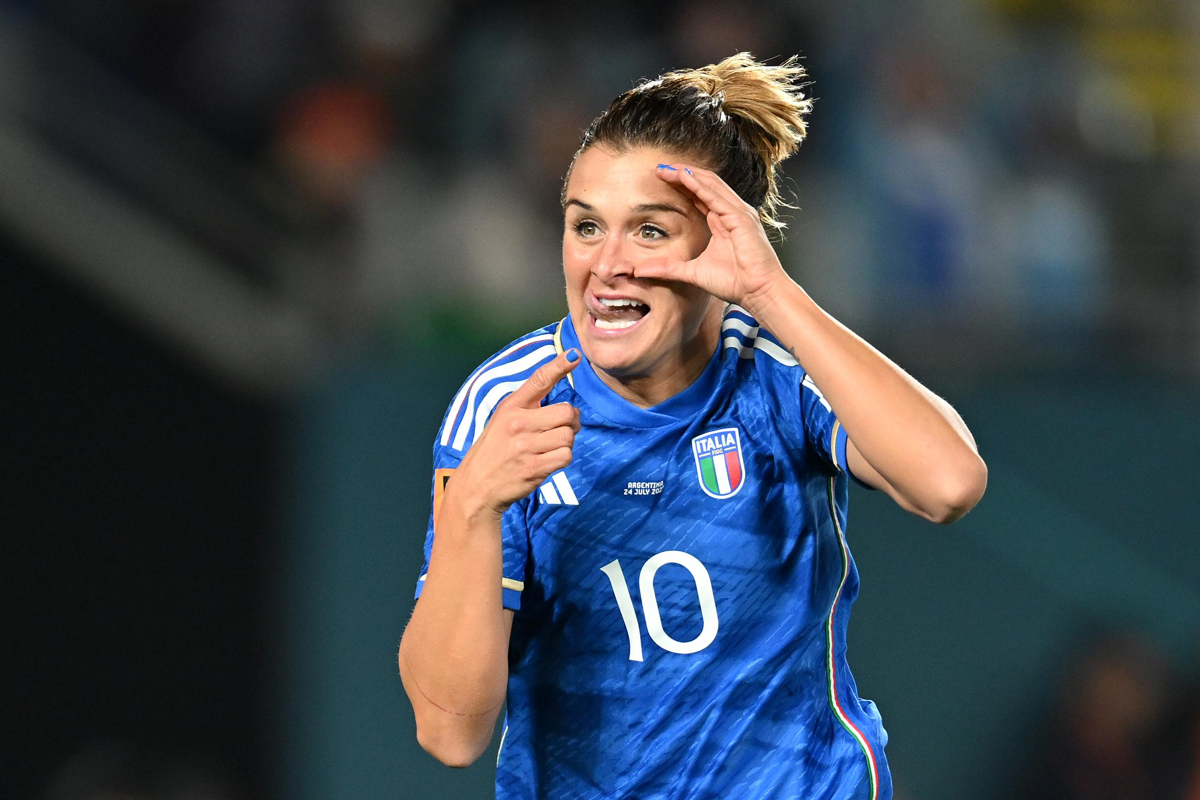 AUCKLAND, NEW ZEALAND - JULY 24: Cristiana Girelli of Italy celebrates after scoring her team\\'s first goal during the FIFA Women\\'s World Cup Australia & New Zealand 2023 Group G match between Italy and Argentina at Eden Park on July 24, 2023 in Auckland / T\\u00C4\\u0081maki Makaurau, New Zealand. (Photo by Hannah Peters - FIFA/FIFA via Getty Images)