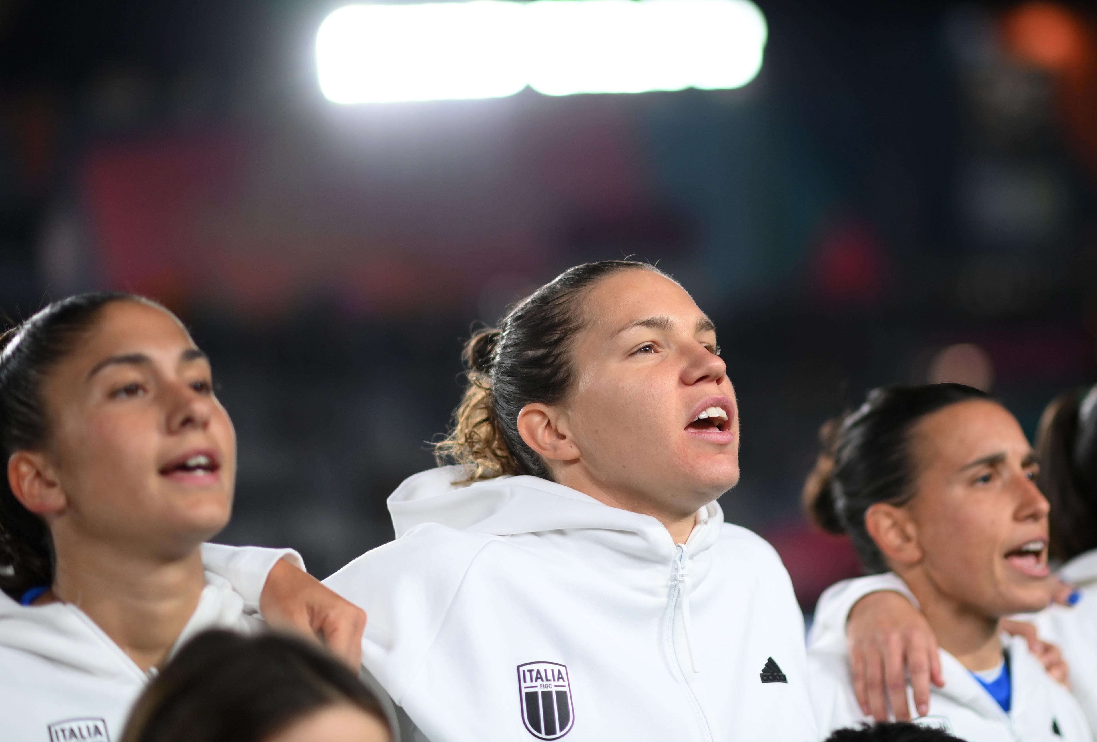 AUCKLAND, NEW ZEALAND - JULY 24: Elena Linari of Italy sings the national anthem prior to the FIFA Women's World Cup Australia & New Zealand 2023 Group G match between Italy and Argentina at Eden Park on July 24, 2023 in Auckland / TÄmaki Makaurau, New Zealand. (Photo by Hannah Peters - FIFA/FIFA via Getty Images)