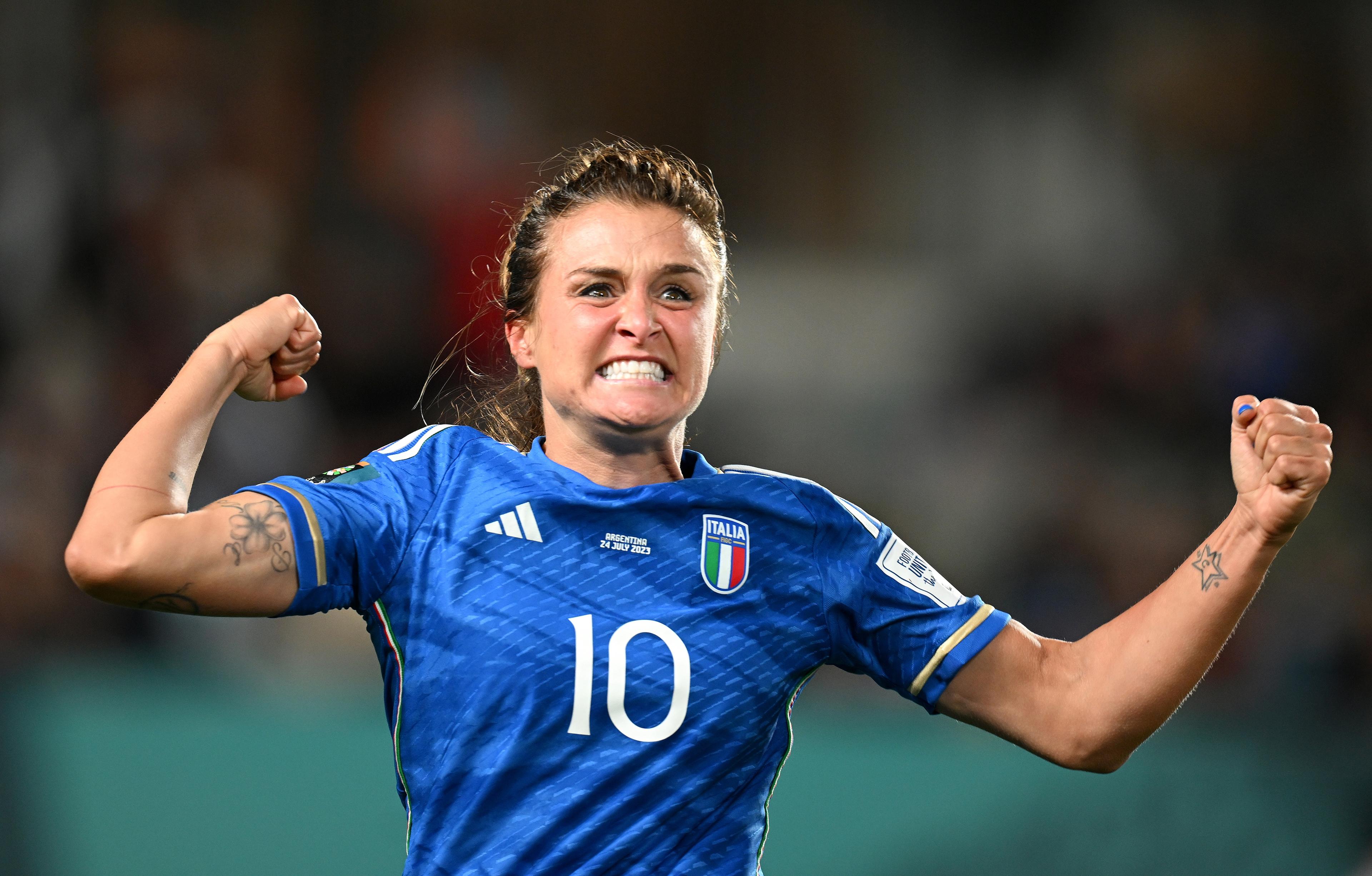AUCKLAND, NEW ZEALAND - JULY 24: Cristiana Girelli of Italy celebrates after scoring her team's first goal during the FIFA Women's World Cup Australia & New Zealand 2023 Group G match between Italy and Argentina at Eden Park on July 24, 2023 in Auckland / TÄmaki Makaurau, New Zealand. (Photo by Hannah Peters - FIFA/FIFA via Getty Images)