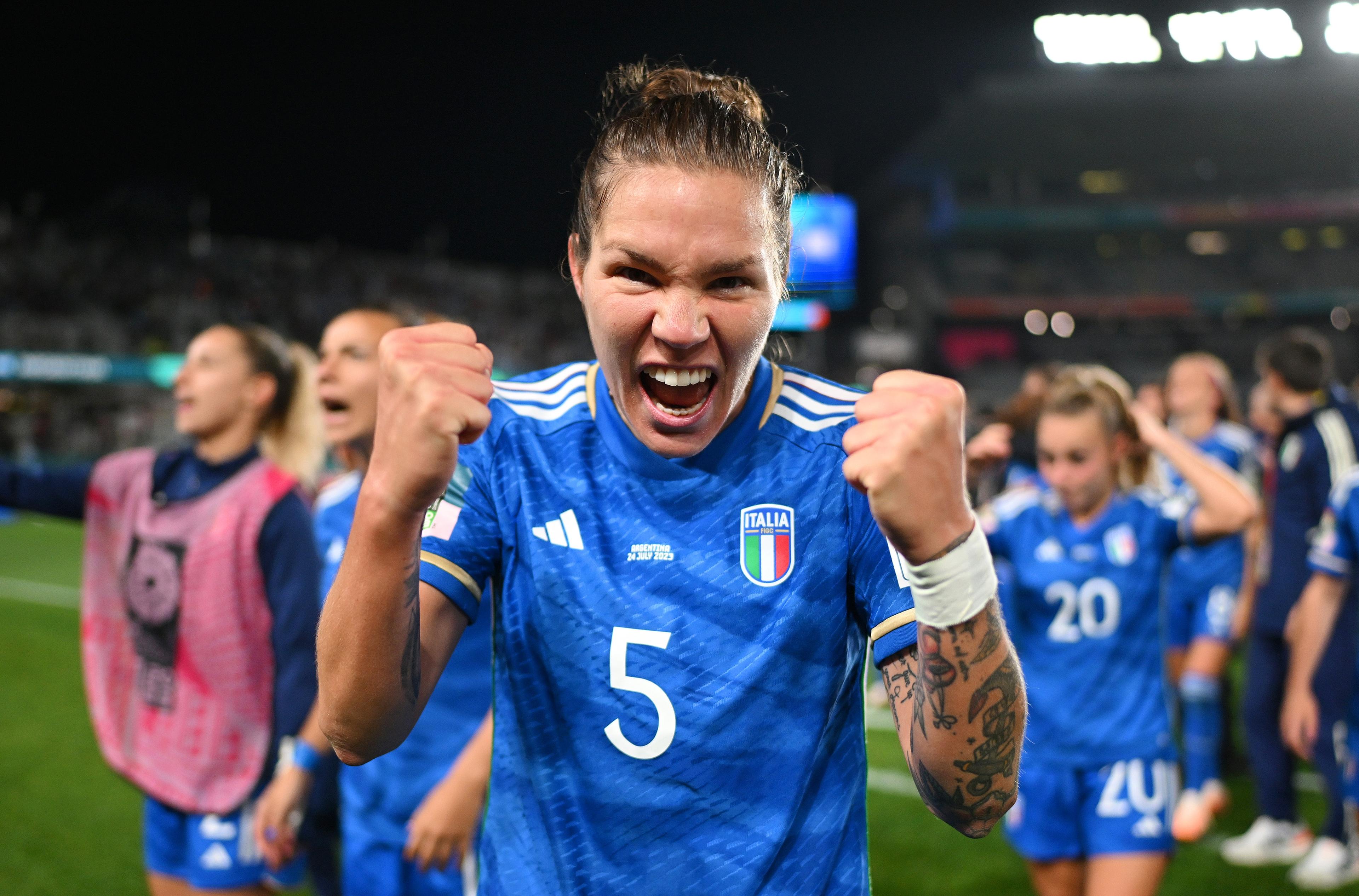 AUCKLAND, NEW ZEALAND - JULY 24: Elena Linari of Italy celebrates her team's 1-0 victory in the FIFA Women's World Cup Australia & New Zealand 2023 Group G match between Italy and Argentina at Eden Park on July 24, 2023 in Auckland / TÄmaki Makaurau, New Zealand. (Photo by Hannah Peters - FIFA/FIFA via Getty Images)