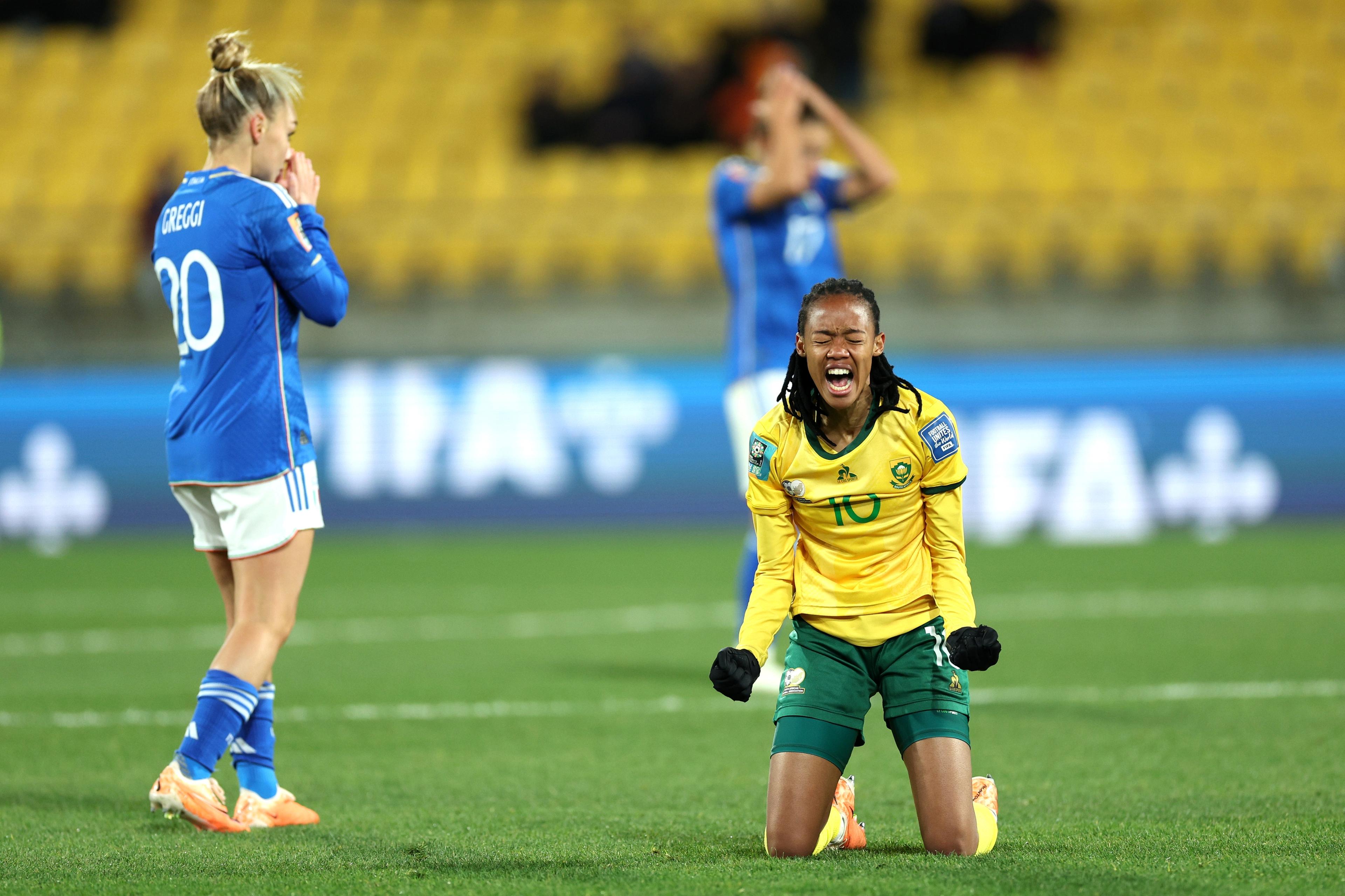 WELLINGTON, NEW ZEALAND - AUGUST 02: Linda Motlhalo celebrate after the team's 3-2 victory and qualification for the knockout stage following the FIFA Women's World Cup Australia & New Zealand 2023 Group G match between South Africa and Italy at Wellington Regional Stadium on August 02, 2023 in Wellington, New Zealand. (Photo by Hagen Hopkins - FIFA/FIFA via Getty Images)