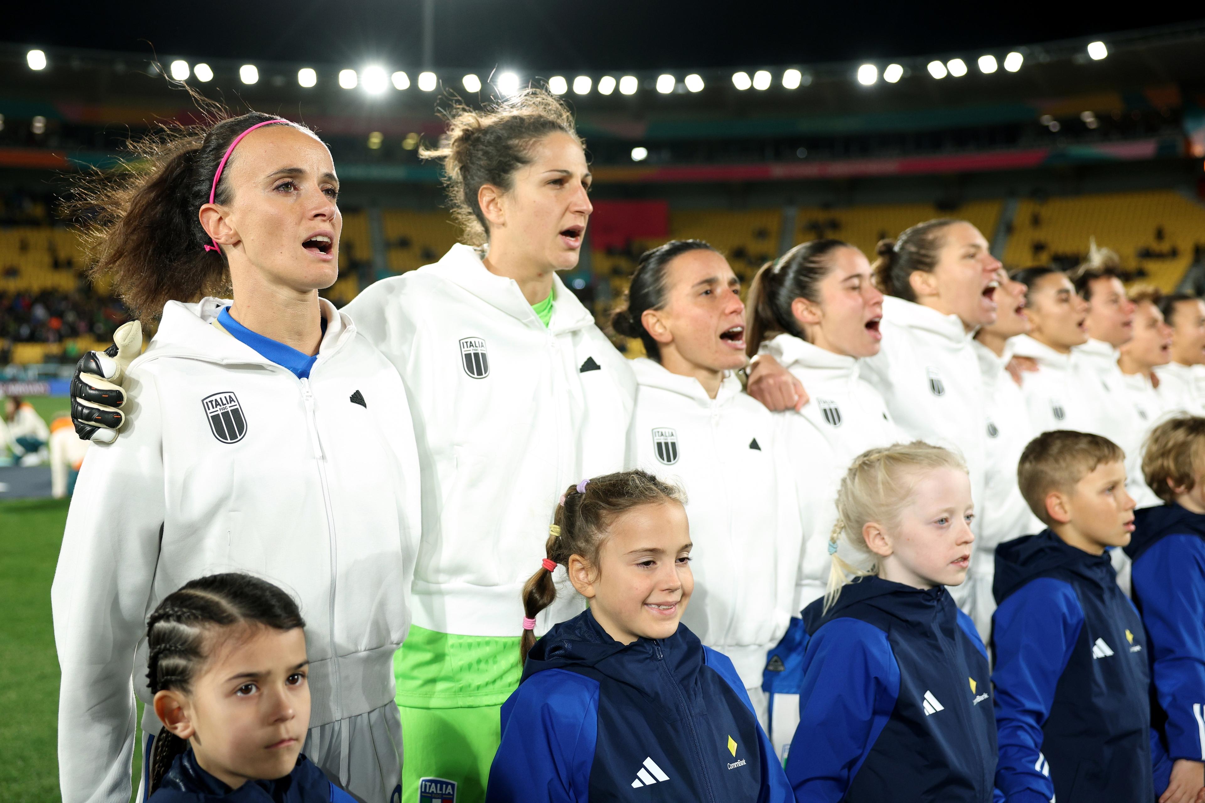 WELLINGTON, NEW ZEALAND - AUGUST 02: Italy players line up for the national anthem prior to the FIFA Women's World Cup Australia & New Zealand 2023 Group G match between South Africa and Italy at Wellington Regional Stadium on August 02, 2023 in Wellington, New Zealand. (Photo by Hagen Hopkins - FIFA/FIFA via Getty Images)