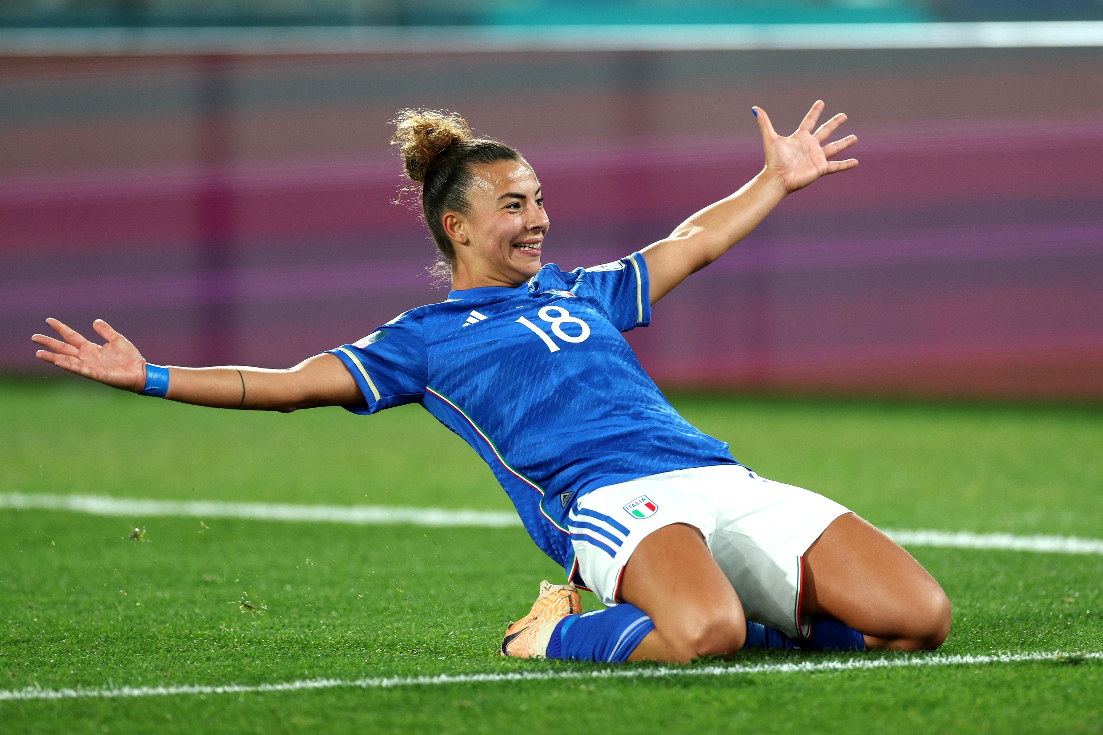 WELLINGTON, NEW ZEALAND - AUGUST 02: Arianna Caruso of Italy celebrates after scoring her team's second goal during the FIFA Women's World Cup Australia & New Zealand 2023 Group G match between South Africa and Italy at Wellington Regional Stadium on August 02, 2023 in Wellington, New Zealand. (Photo by Hagen Hopkins - FIFA/FIFA via Getty Images)