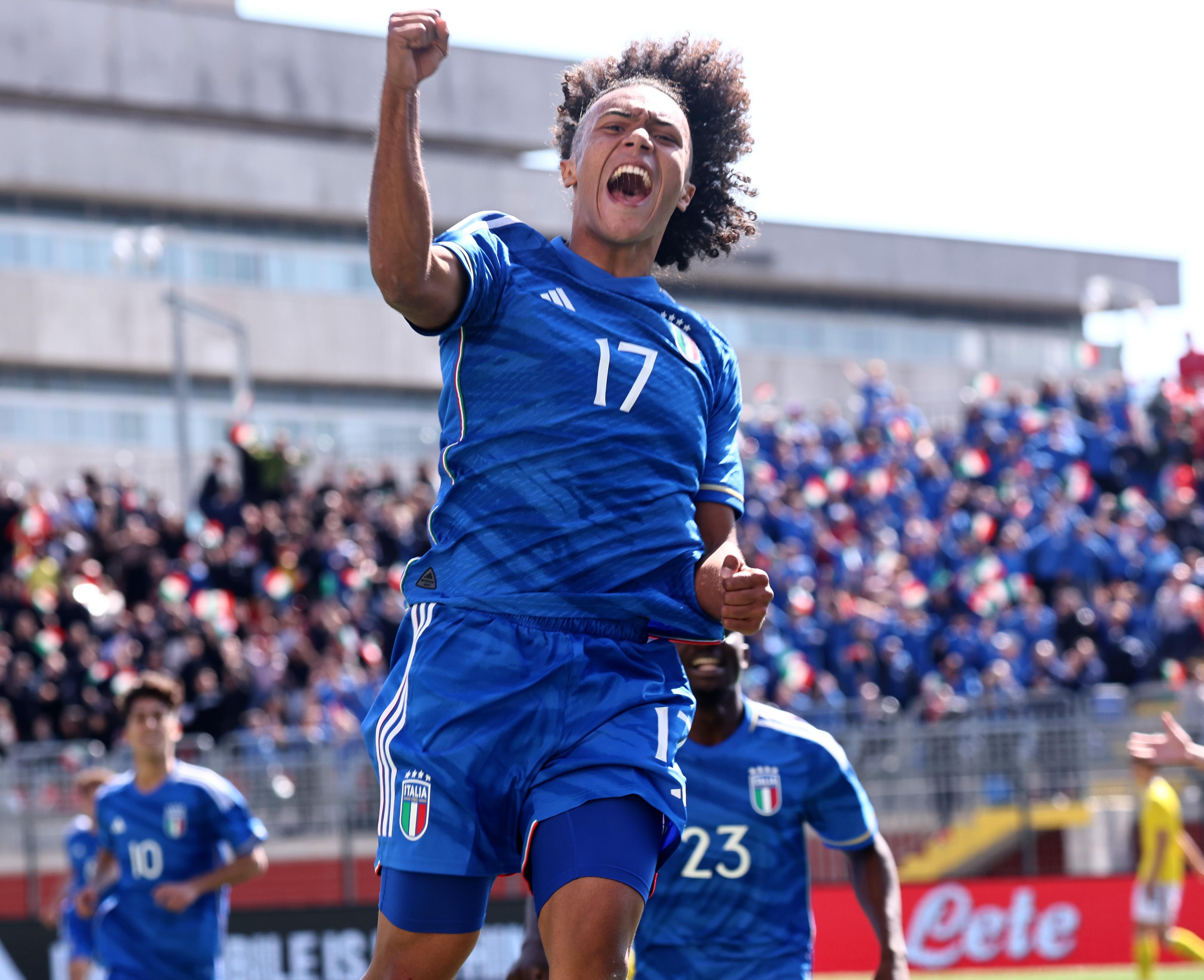 POTENZA, ITALY - MARCH 23: Aron Giammaglichella of Italy celebrates after scoring his team's first goal during International Friendly match between Italy and Romania at Stadio Alfredo Viviani on March 23, 2023 in Potenza, Italy. (Photo by Maurizio Lagana/Getty Images)