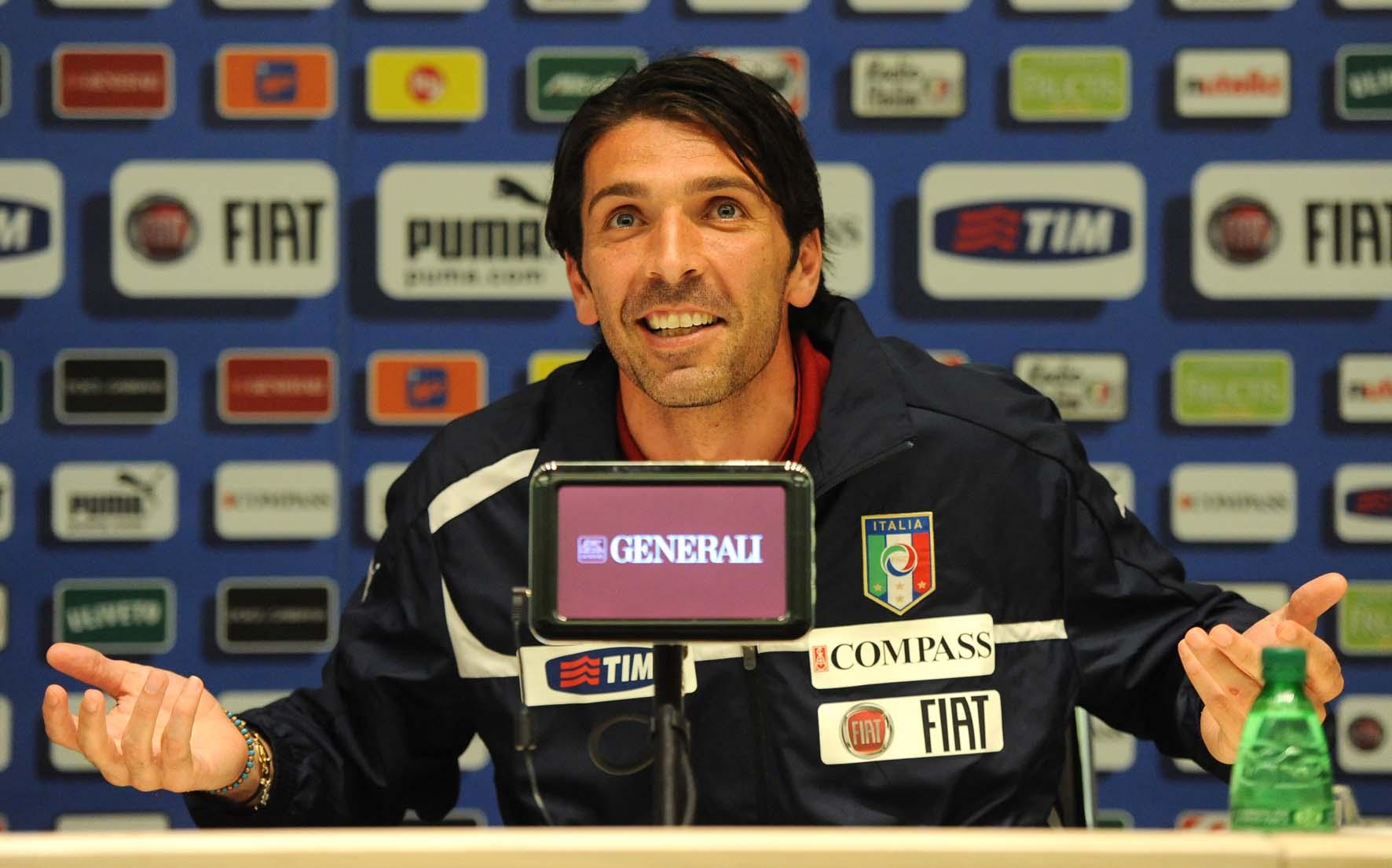 FLORENCE, ITALY - MAY 30: FLORENCE: Gianluigi Buffon speaks during a press conference at Coverciano on May, 2012 in Florence, Italy. (Photo by FIGC/FIGC) *** Local Caption *** Gianluigi Buffon