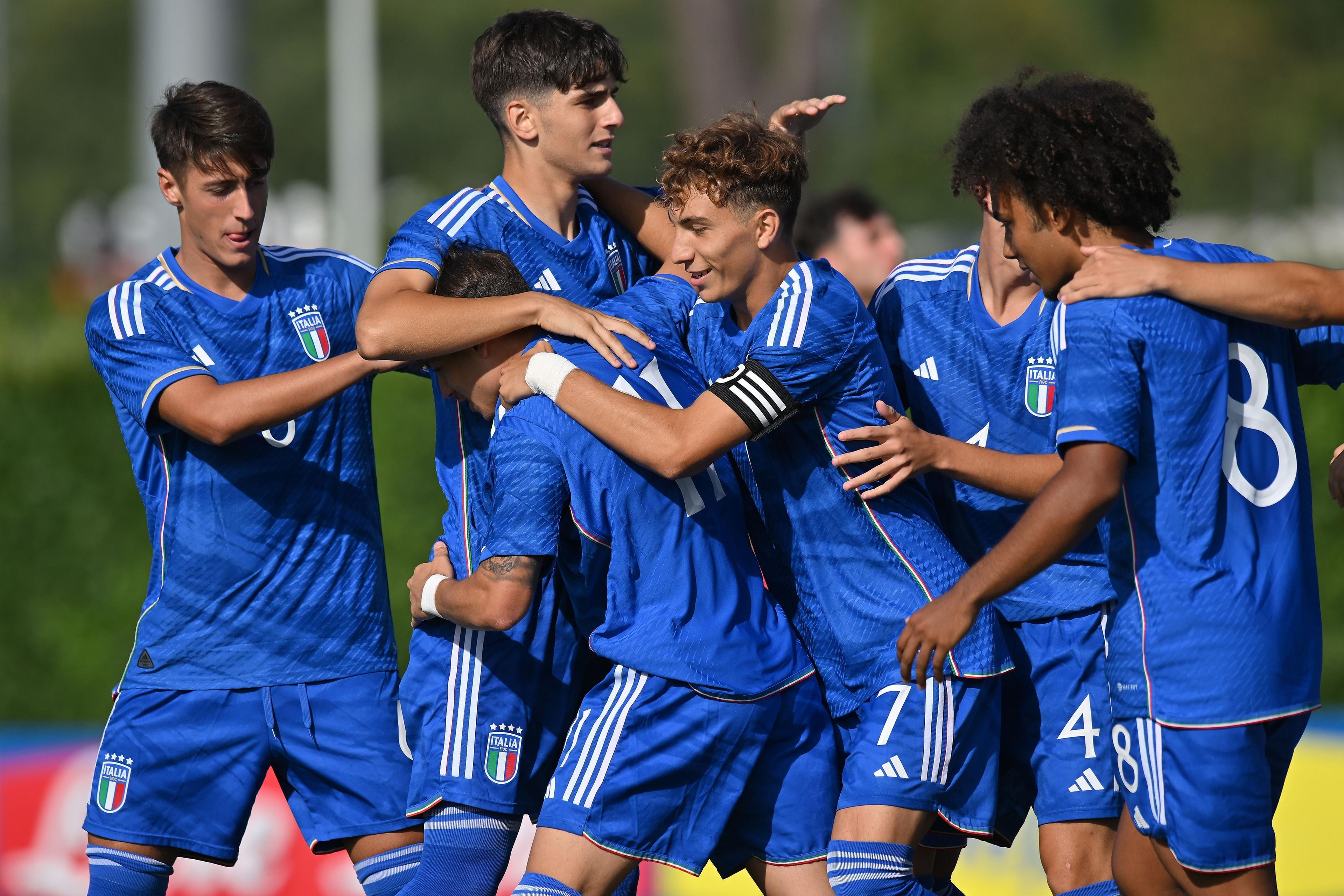 FLORENCE, ITALY - AUGUST 09: Marco Delle Monache of Italy U19  celebrates after scoring the opening goal during the match between Italy U19 and Albania U19 at Centro Tecnico Federale di Coverciano on August 09, 2023 in Florence, Italy. (Photo by Alessandro Sabattini/Getty Images)