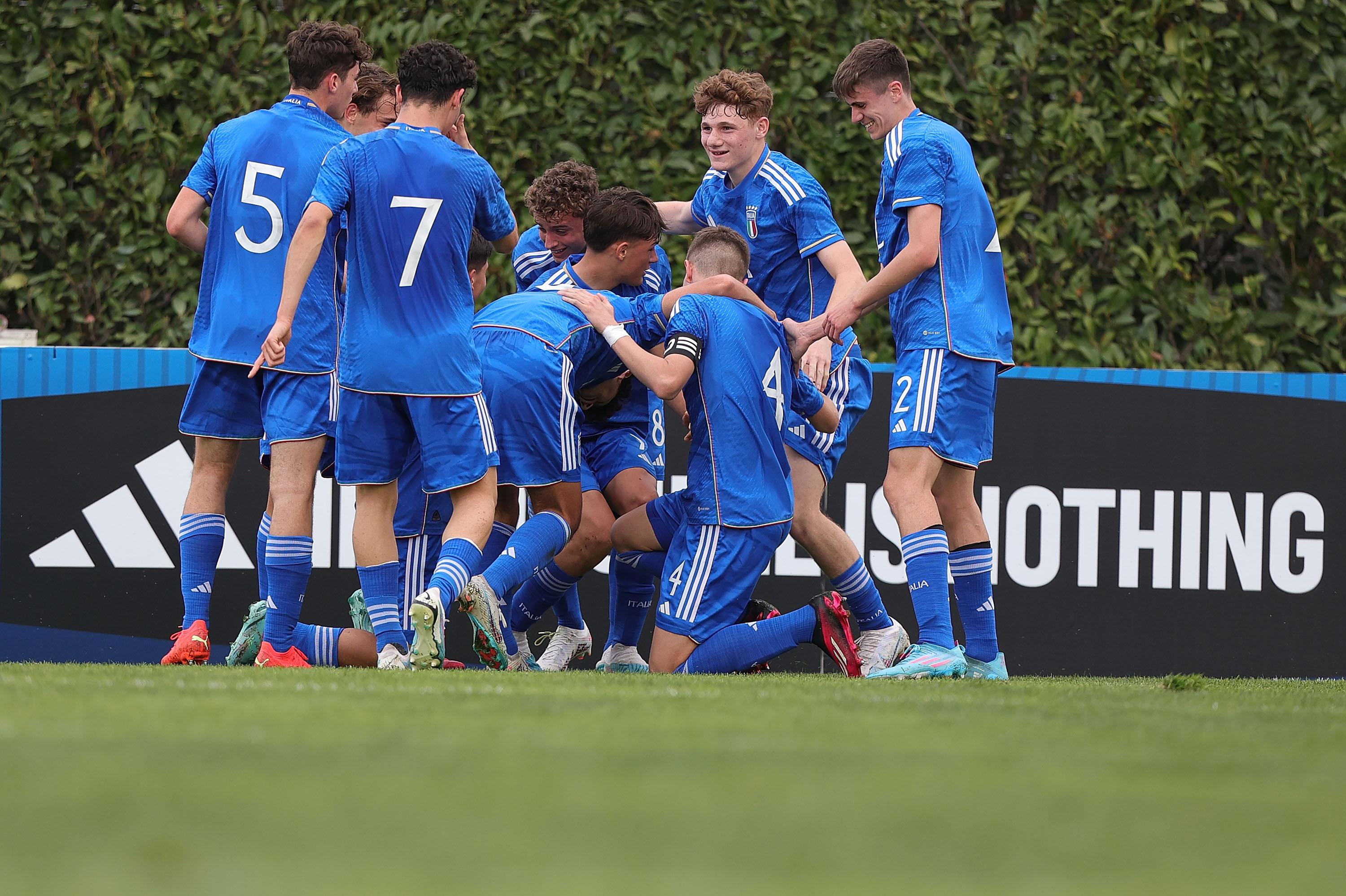 FLORENCE, ITALY - MARCH 24: Mattia Mosconi of Italy U16 celebrates after scoring a goal during the U16 international friendly match between Italy and Germany at Tecnical Centre of Coverciano on March 24, 2023 in Florence,Italy . (Photo by Gabriele Maltinti/Getty Images) *** Local Caption *** Mattia Mosconi