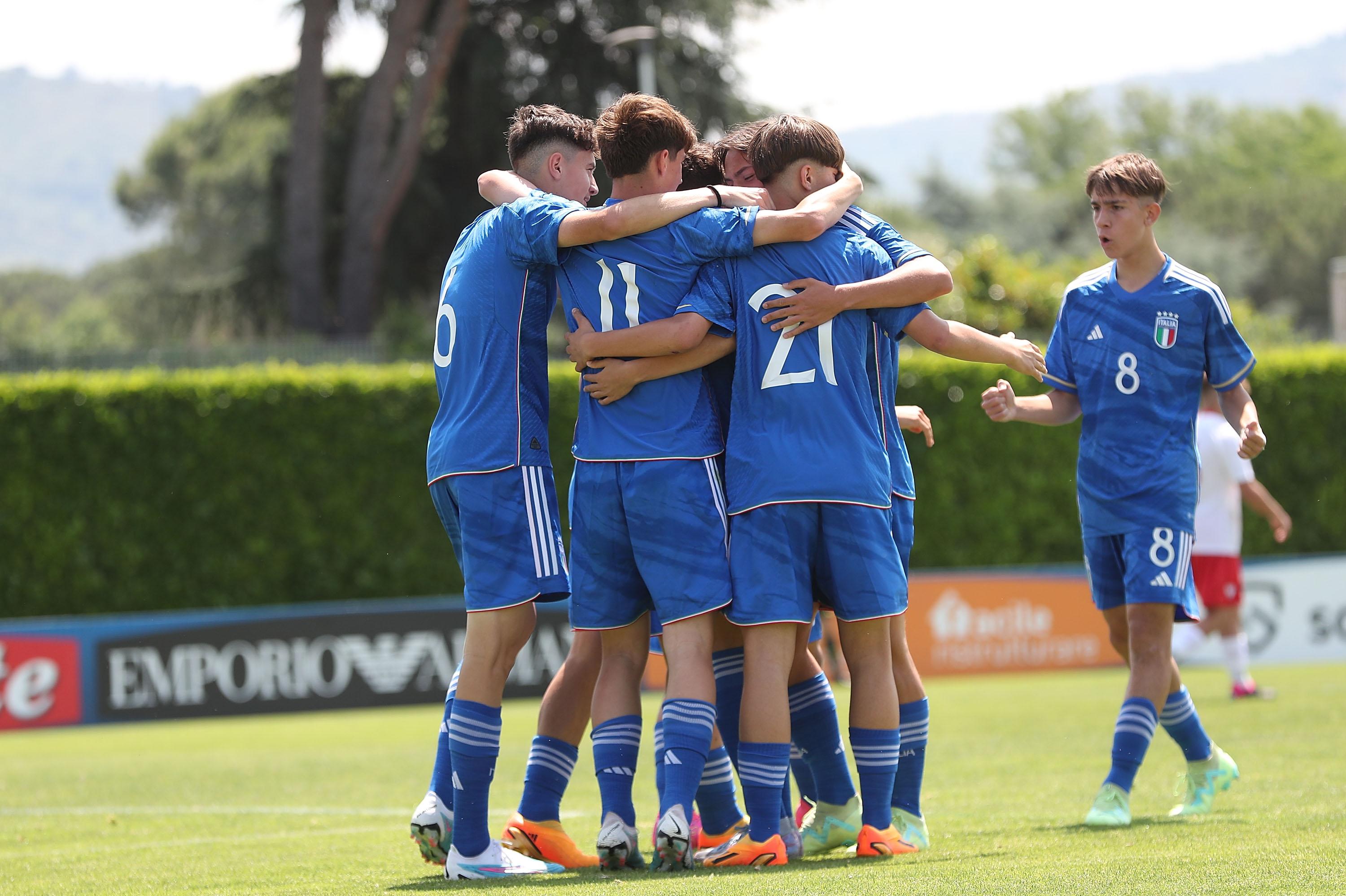FLORENCE, ITALY - MAY 30: Thomas Campaniello of Italy U15 celebrates after scoring a goal during the international friendly match between Italy U15 and Poland U15 at Centro Tecnico Federale di Coverciano on May 30, 2023 in Florence, Italy. (Photo by Gabriele Maltinti/Getty Images) *** Local Caption *** Thomas Campaniello