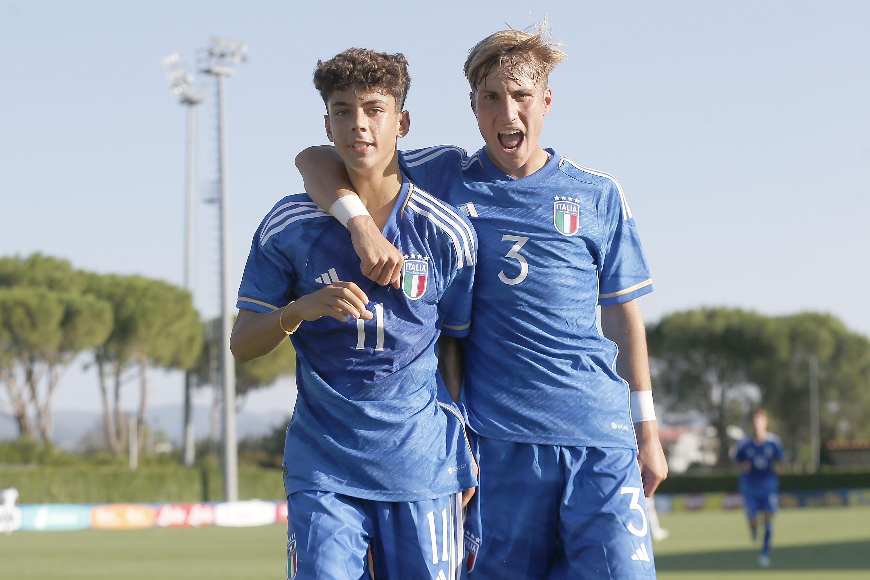 FLORENCE, ITALY - AUGUST 22: Samuele Ignacio of Italy U16 celebrates after scoring a goal during the friendly Internationale match between Italy U16 and England U16 at Centro Tecnico Federale di Coverciano on August 22, 2023 in Florence, Italy. (Photo by Gabriele Maltinti/Getty Images) *** Local Caption *** Samuele Ignacio
