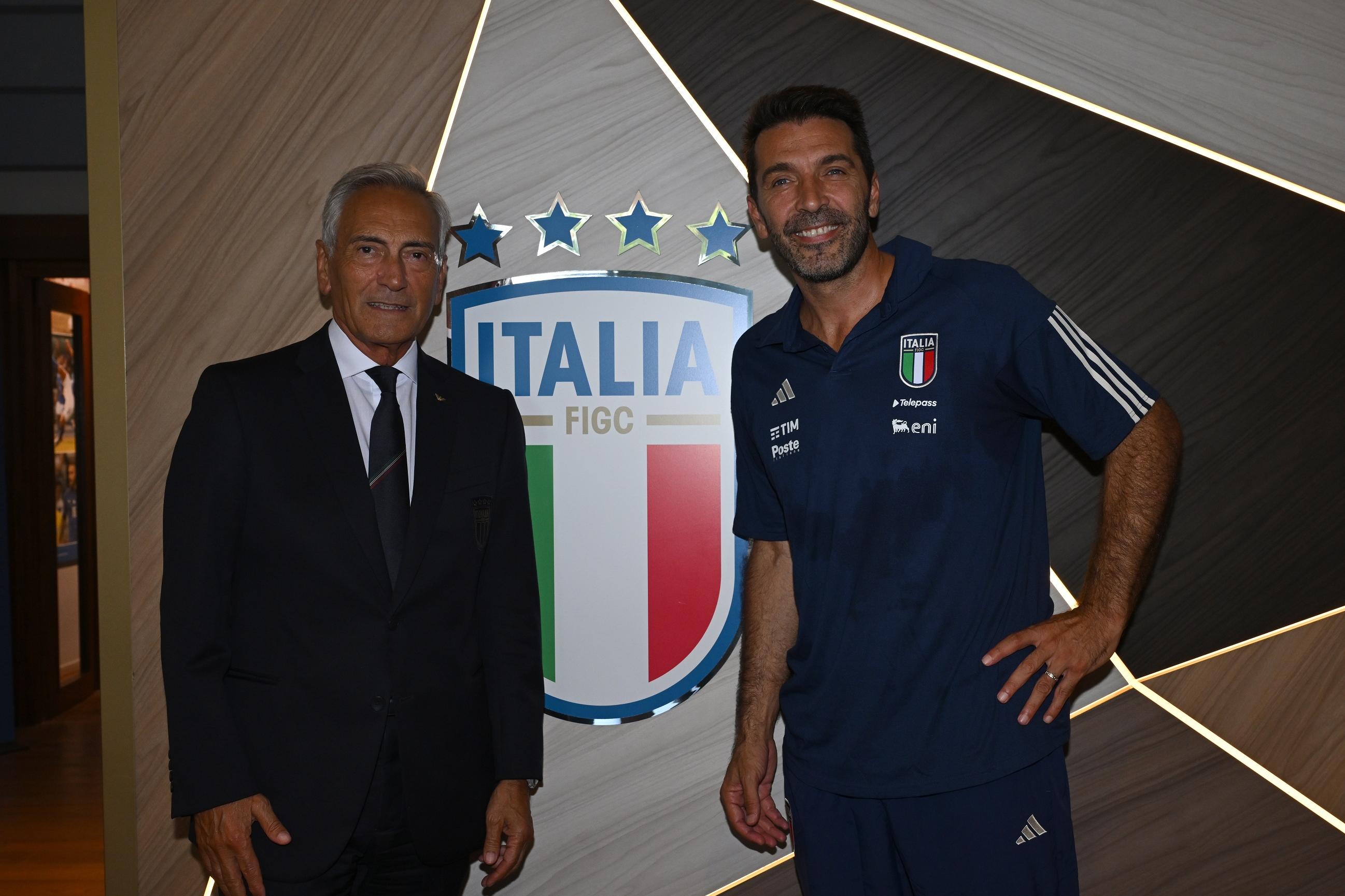 FLORENCE, ITALY - SEPTEMBER 04: President of FIGC Gabriele Gravina and Italy Head of Delegation Gianluigi Buffon pose for a photo at Centro Tecnico Federale di Coverciano on September 04, 2023 in Florence, Italy. (Photo by Claudio Villa/Getty Images)