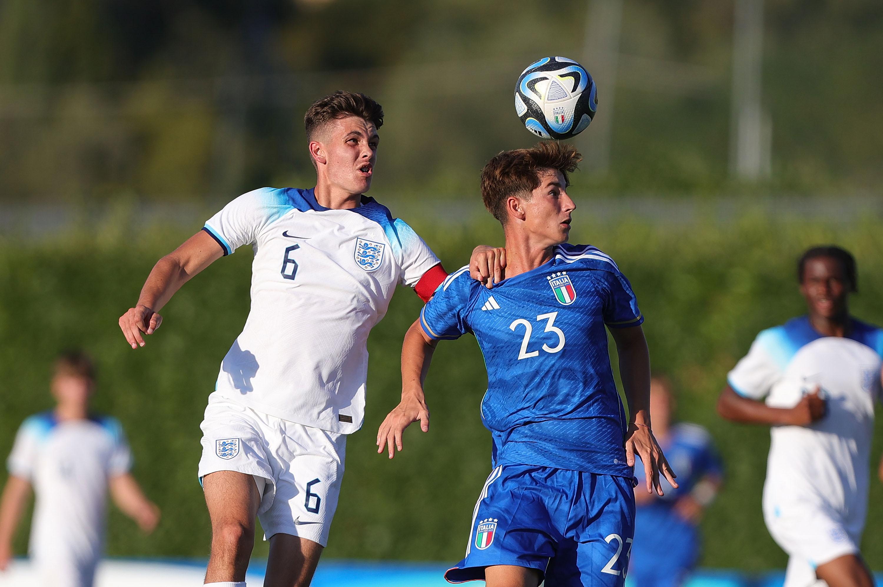 FLORENCE, ITALY - AUGUST 22: Thomas Campaniello of Italy U16 in action during the friendly Internationale match between Italy U16 and England U16 at Centro Tecnico Federale di Coverciano on August 22, 2023 in Florence, Italy. (Photo by Gabriele Maltinti/Getty Images) *** Local Caption *** Thomas Campaniello