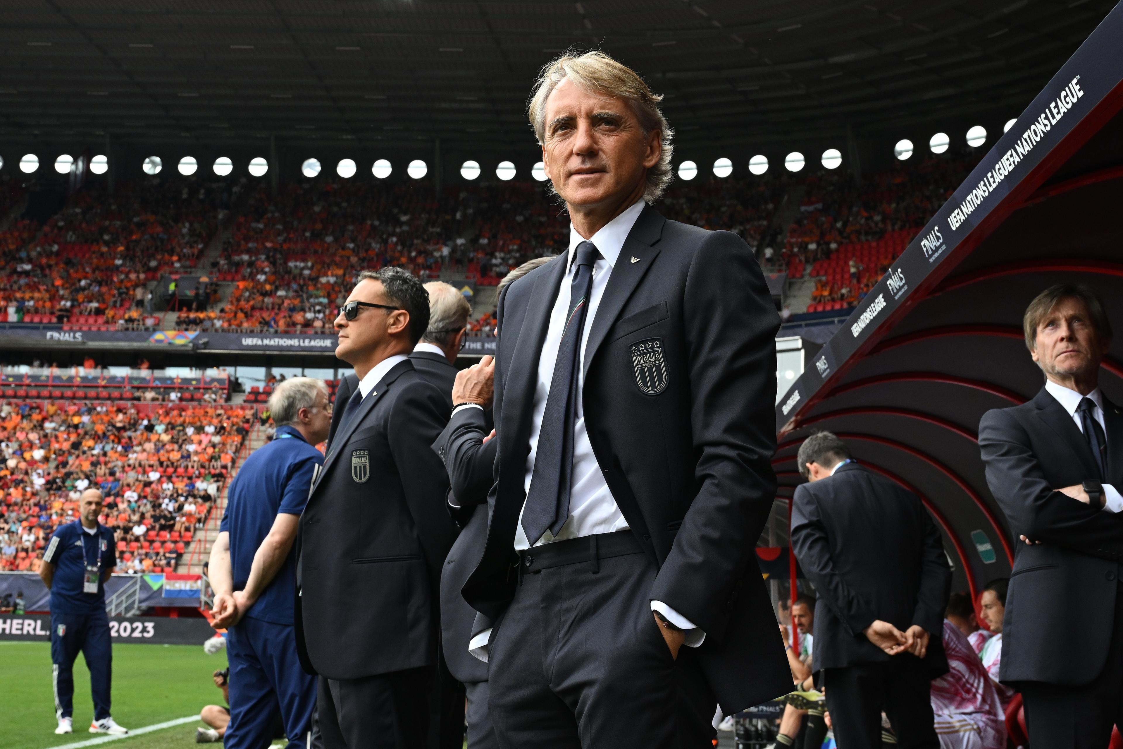 ENSCHEDE, NETHERLANDS - JUNE 18: Head coach of Italy Roberto Mancini attends before the UEFA Nations League 2022/23 third-place match between Netherlands and Italy at FC Twente Stadium on June 18, 2023 in Enschede, Netherlands. (Photo by Claudio Villa/Getty Images)