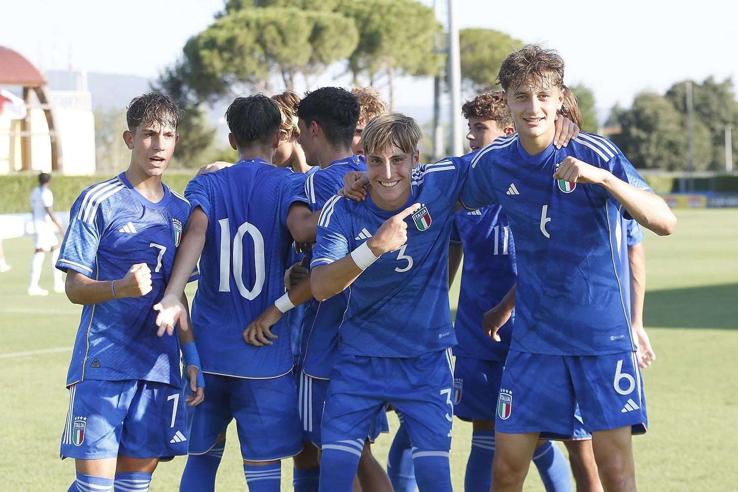 FLORENCE, ITALY - AUGUST 22: Luca Reggiani of Italy U16 celebrates after scoring a goal during the friendly Internationale match between Italy U16 and England U16 at Centro Tecnico Federale di Coverciano on August 22, 2023 in Florence, Italy. (Photo by Gabriele Maltinti/Getty Images) *** Local Caption *** Luca Reggiani