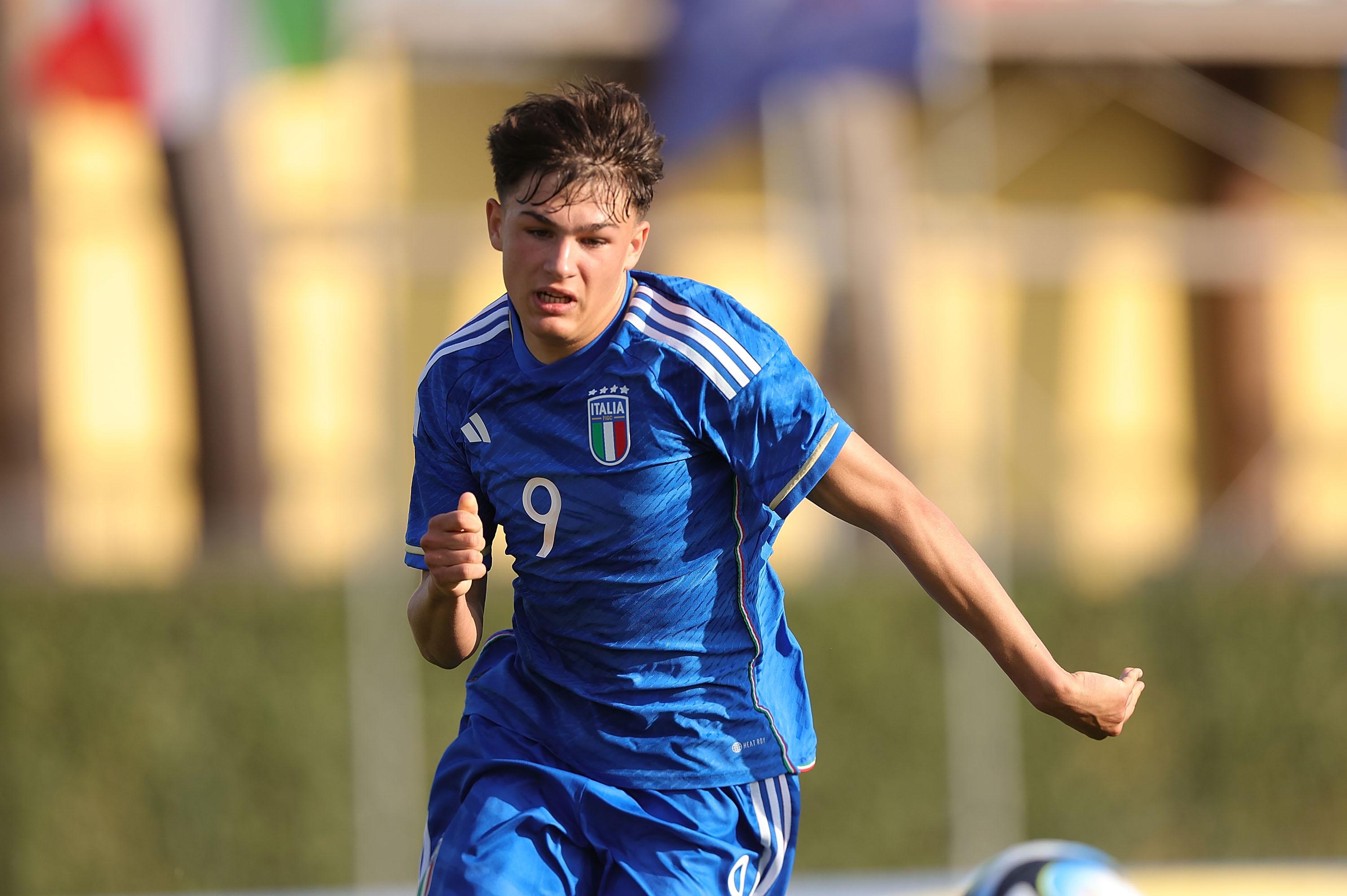 FLORENCE, ITALY - MARCH 24: Mattia Mosconi of Italy U16 in action during the U16 international friendly match between Italy and Germany at Tecnical Centre of Coverciano on March 24, 2023 in Florence, Italy. (Photo by Gabriele Maltinti/Getty Images) *** Local Caption *** Mattia Mosconi