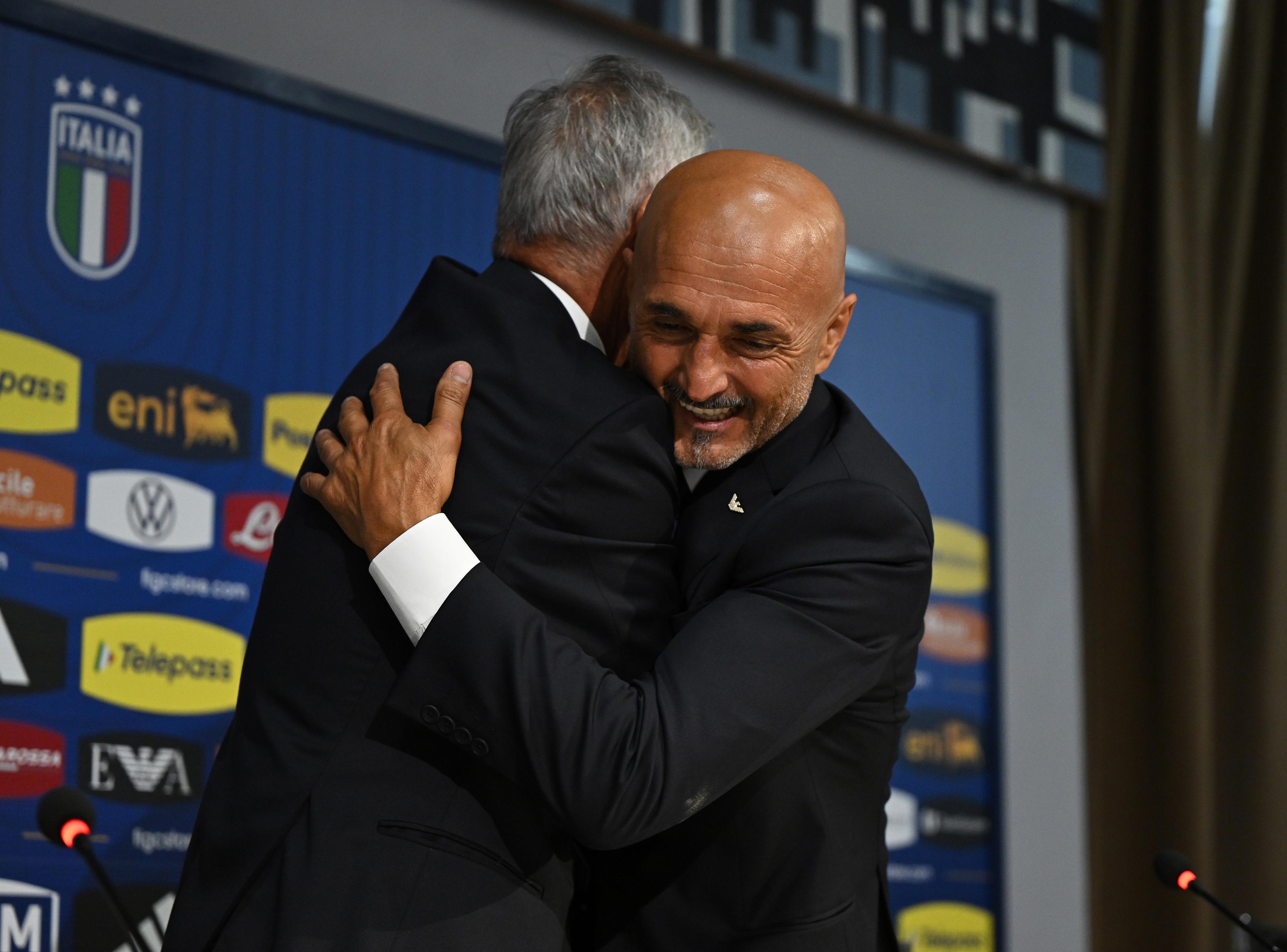 FLORENCE, ITALY - SEPTEMBER 02: Head coach of Italy Luciano Spalletti and President of FIGC Gabriele Gravina speak with the media during Italy the press conference at Centro Tecnico Federale di Coverciano on September 02, 2023 in Florence, Italy. (Photo by Claudio Villa/Getty Images)
