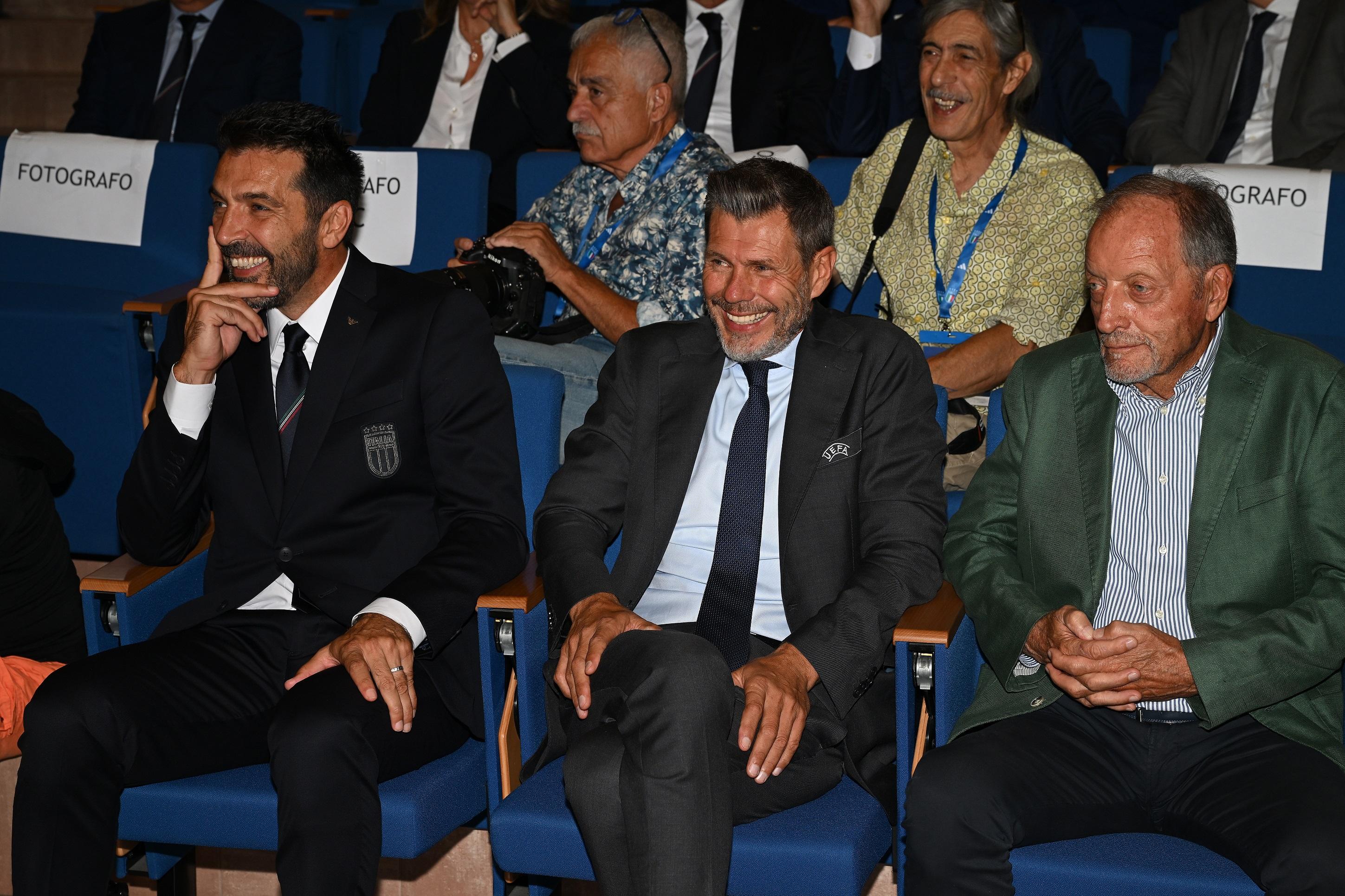 FLORENCE, ITALY - SEPTEMBER 02: Head of the FIGC delegation Gianluigi Buffon and Svonimir Boban attend during Italy the press conference at Centro Tecnico Federale di Coverciano on September 02, 2023 in Florence, Italy. (Photo by Claudio Villa/Getty Images)